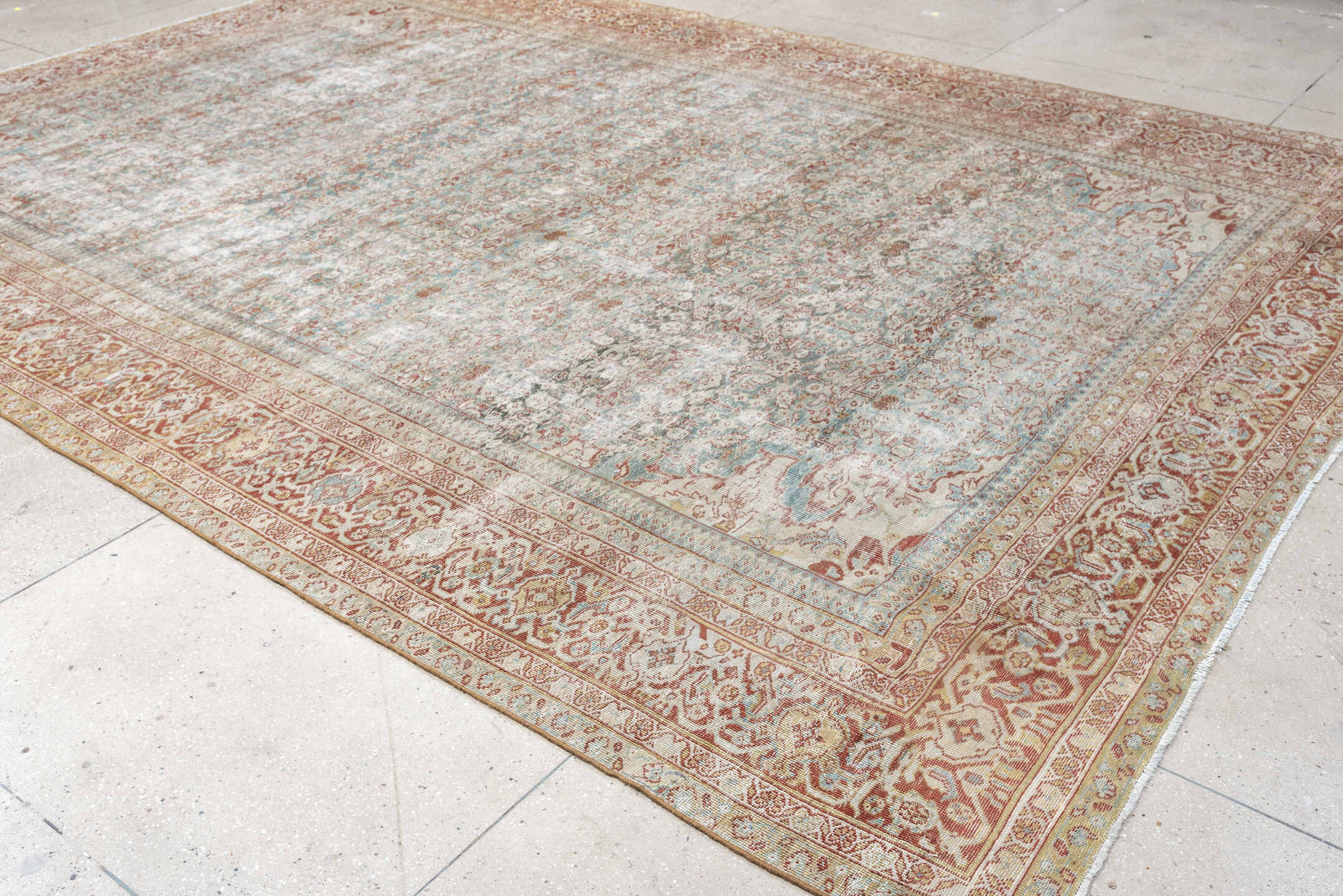 10' x 14' one-of-a-kind handmade antique Mahal large size rug. Color palette: pale blue, rust, ivory, beige, taupe, camel
