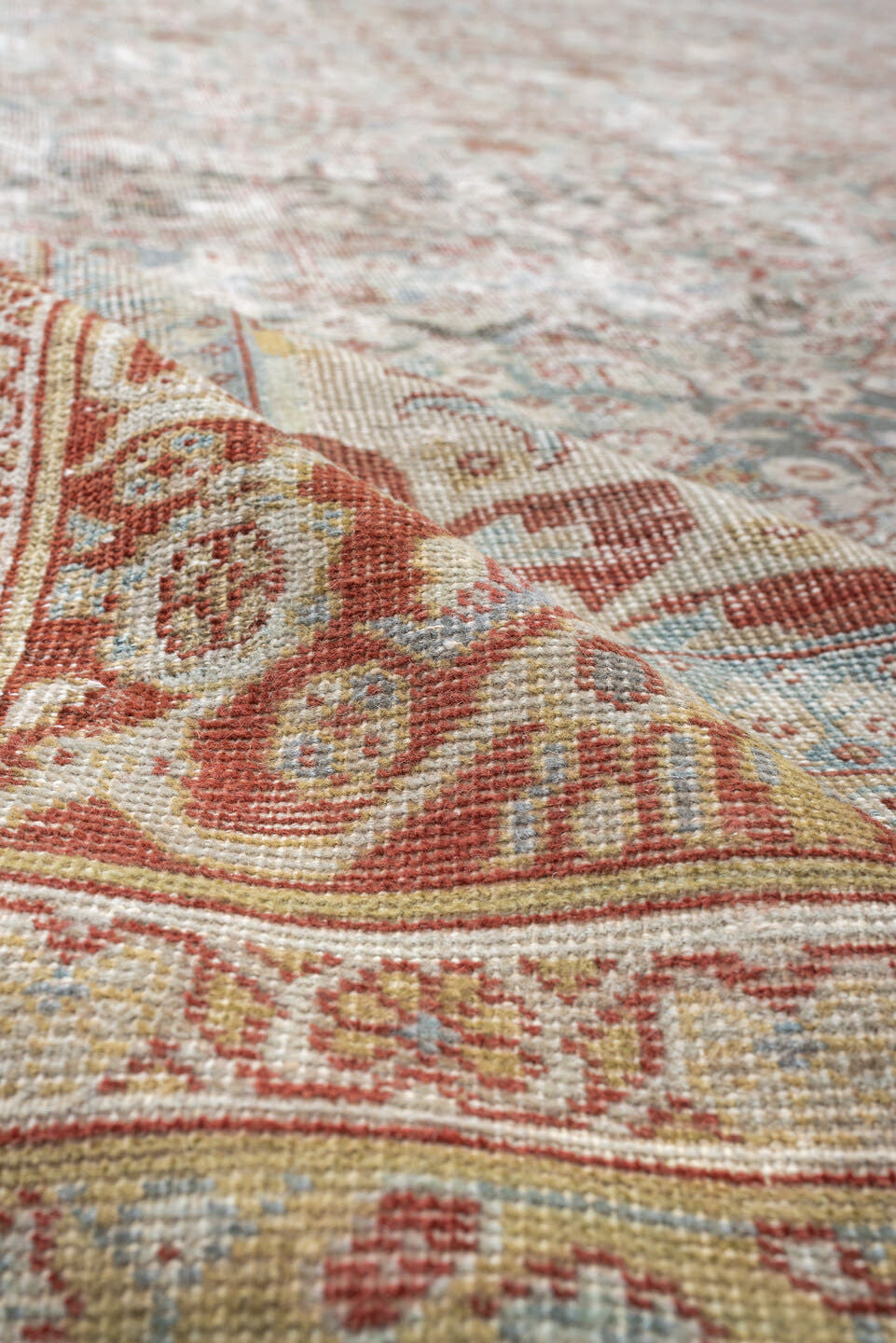 10' x 14' one-of-a-kind handmade antique Mahal large size rug. Color palette: pale blue, rust, ivory, beige, taupe, camel