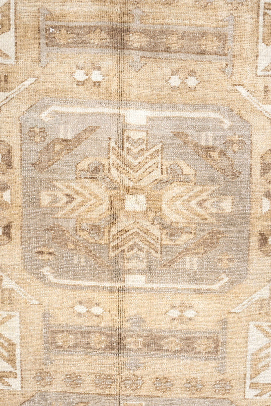 5' x 8' one-of-a-kind handmade antique Kars medium size rug. Color palette: ivory, camel, taupe, light gray, beige, sand