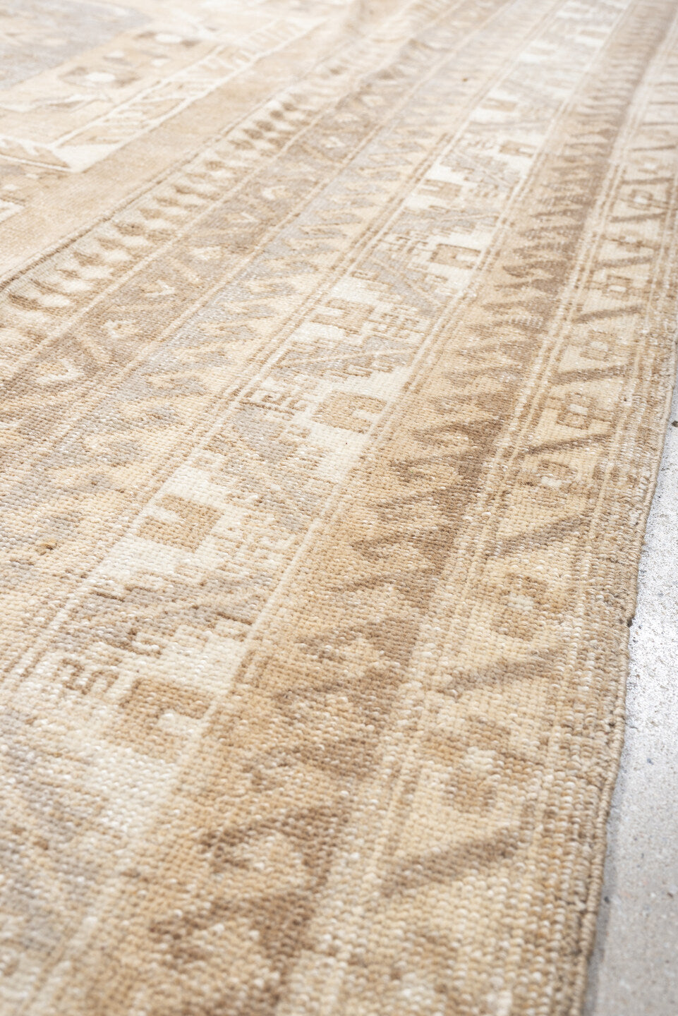 5' x 8' one-of-a-kind handmade antique Kars medium size rug. Color palette: ivory, camel, taupe, light gray, beige, sand
