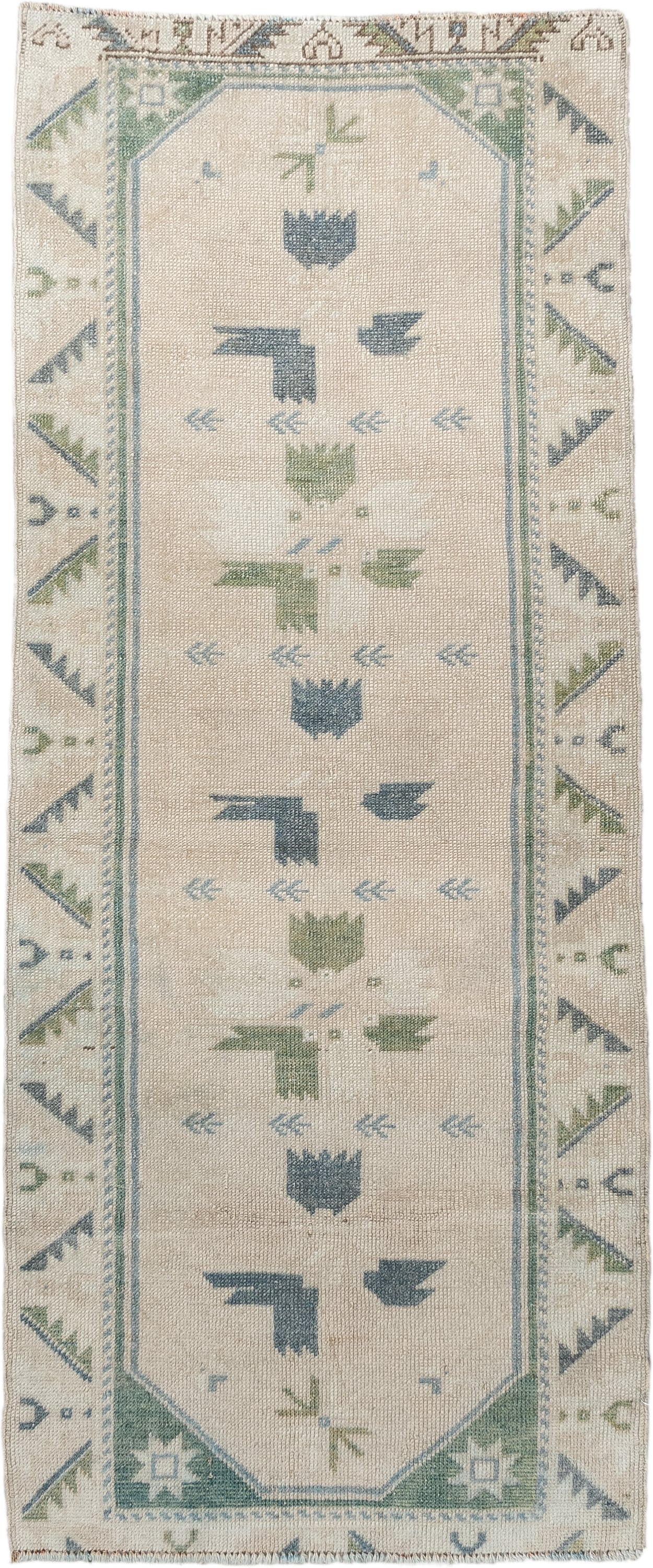 2' x 5' one-of-a-kind handmade antique Anatolian small size rug. Color palette: ivory, pale blue, sage, taupe, light blue