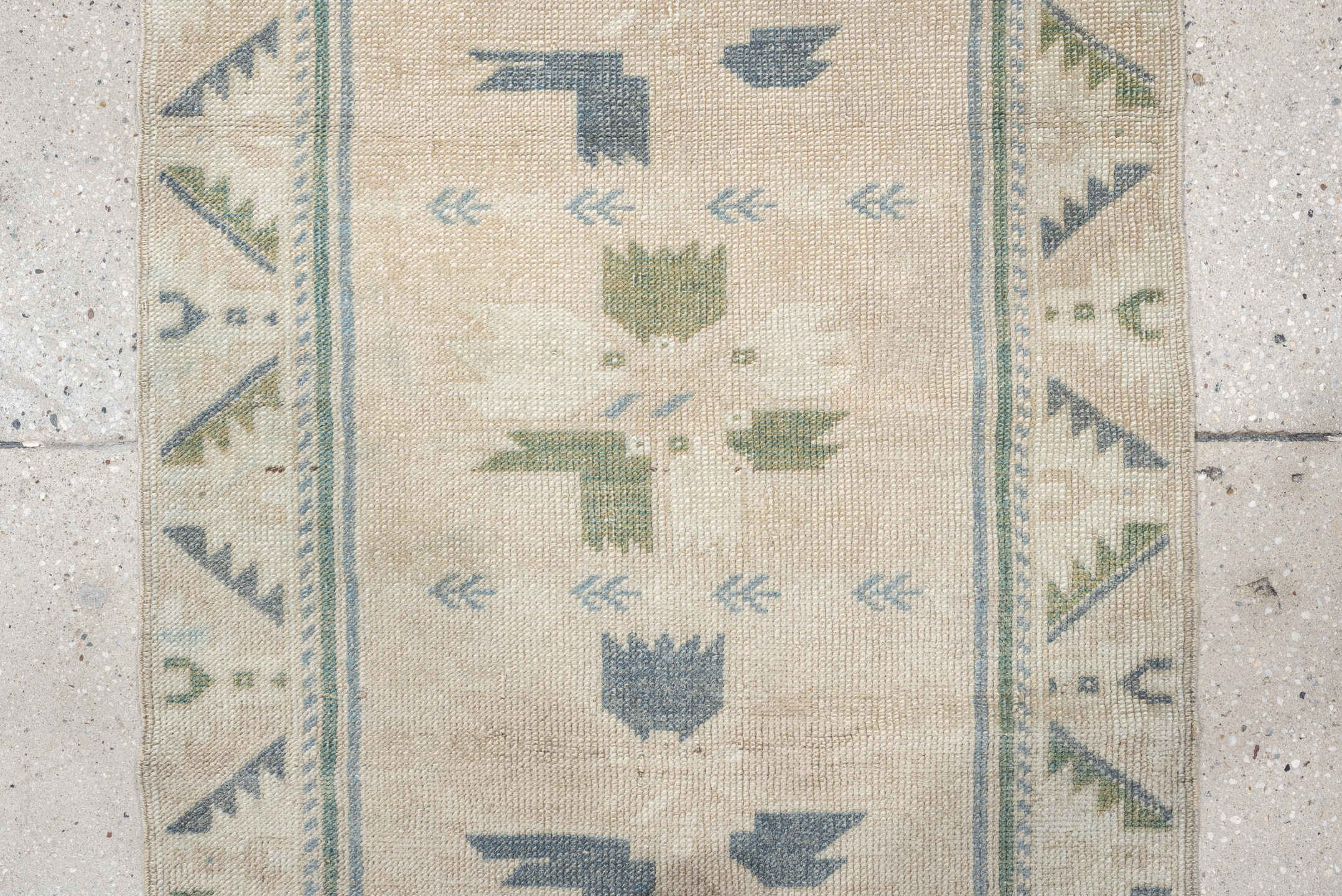 2' x 5' one-of-a-kind handmade antique Anatolian small size rug. Color palette: ivory, pale blue, sage, taupe, light blue