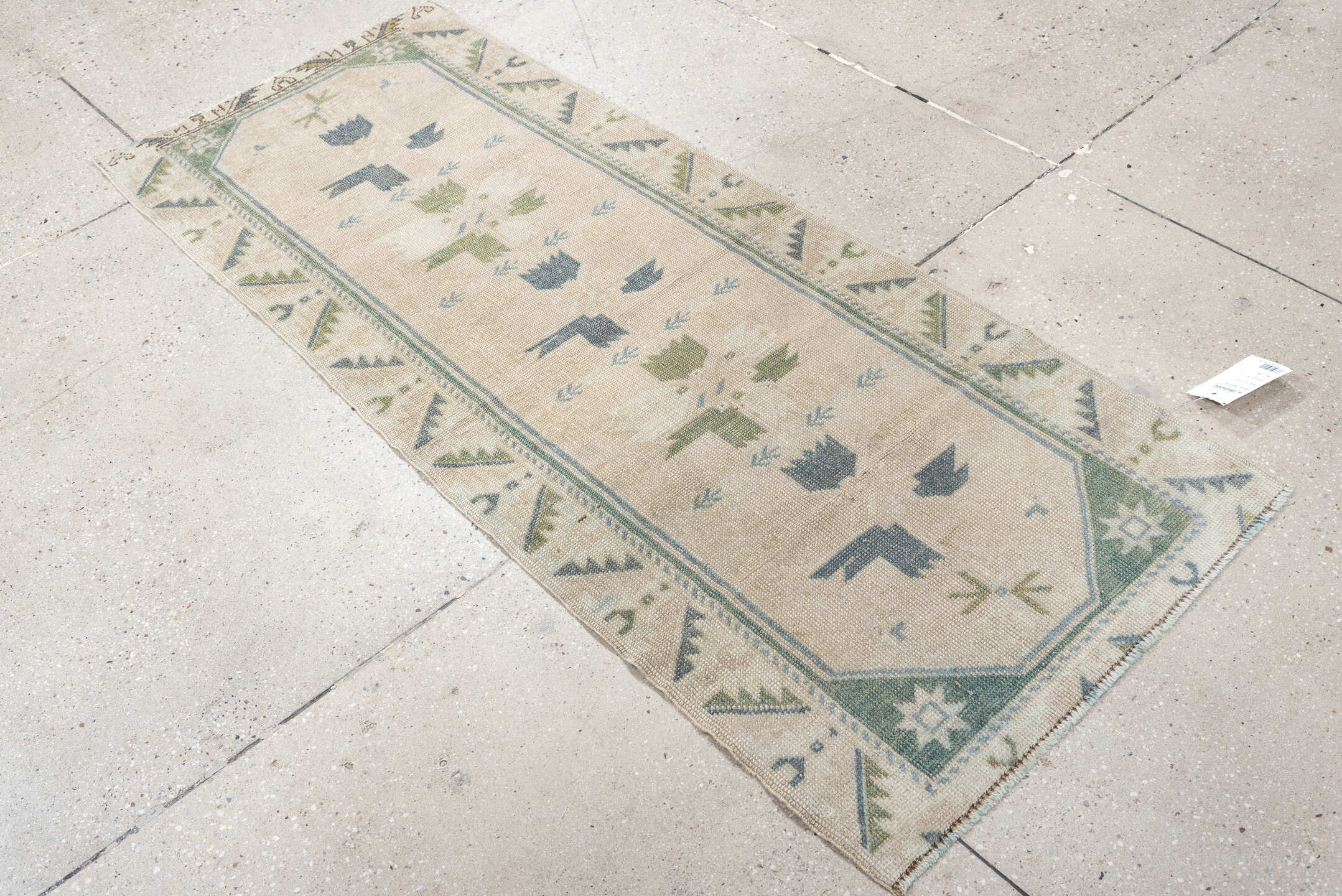 2' x 5' one-of-a-kind handmade antique Anatolian small size rug. Color palette: ivory, pale blue, sage, taupe, light blue
