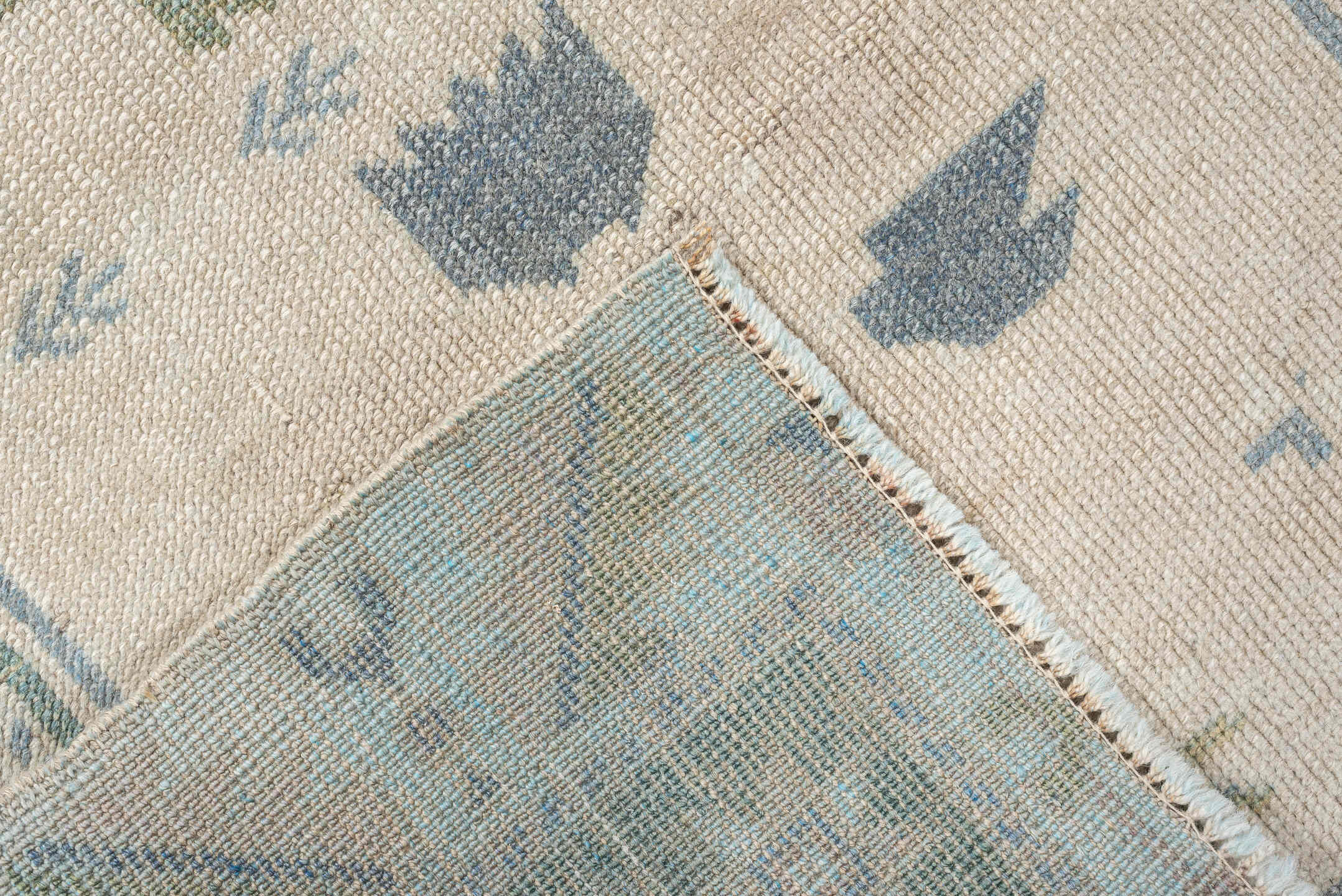 2' x 5' one-of-a-kind handmade antique Anatolian small size rug. Color palette: ivory, pale blue, sage, taupe, light blue