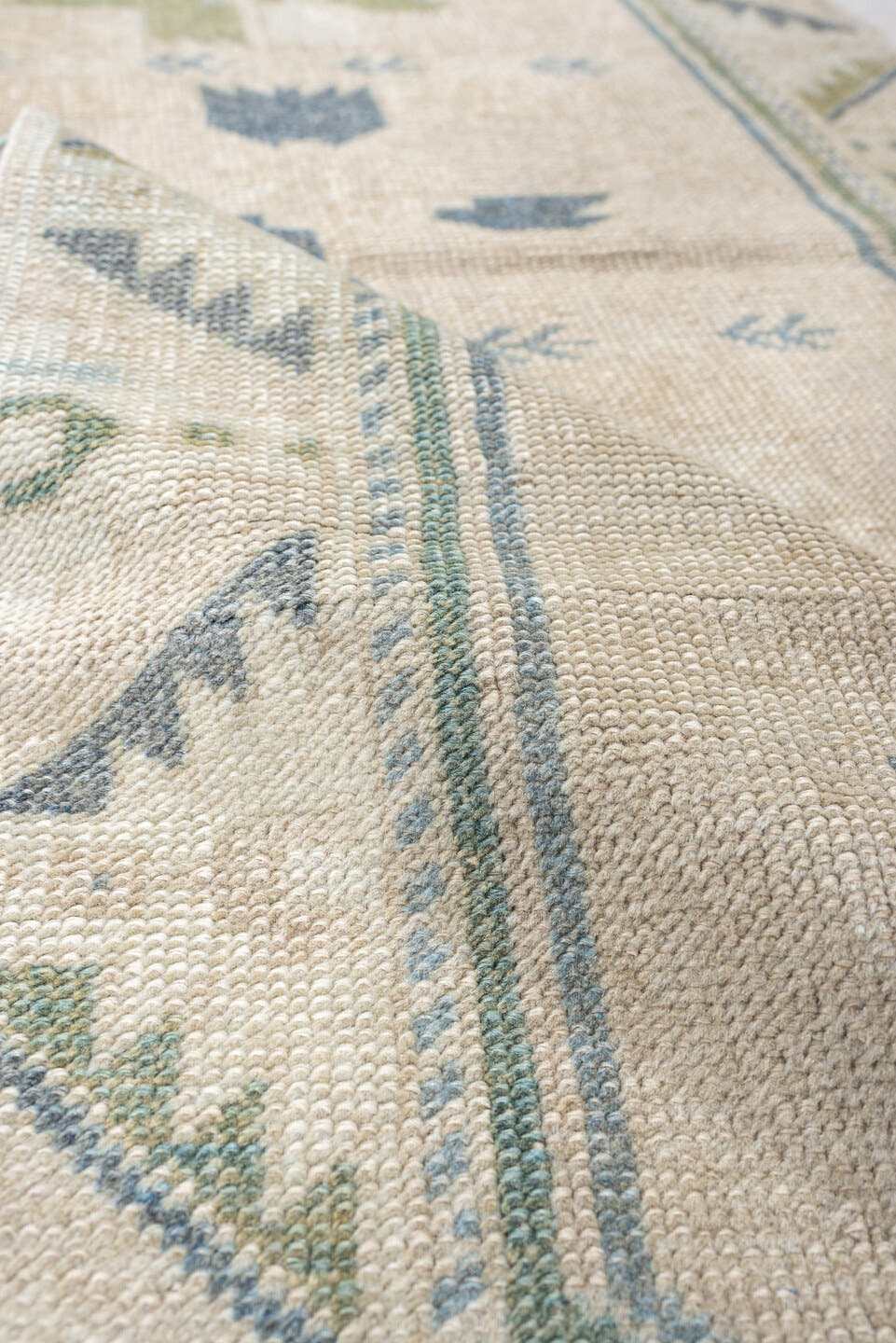 2' x 5' one-of-a-kind handmade antique Anatolian small size rug. Color palette: ivory, pale blue, sage, taupe, light blue