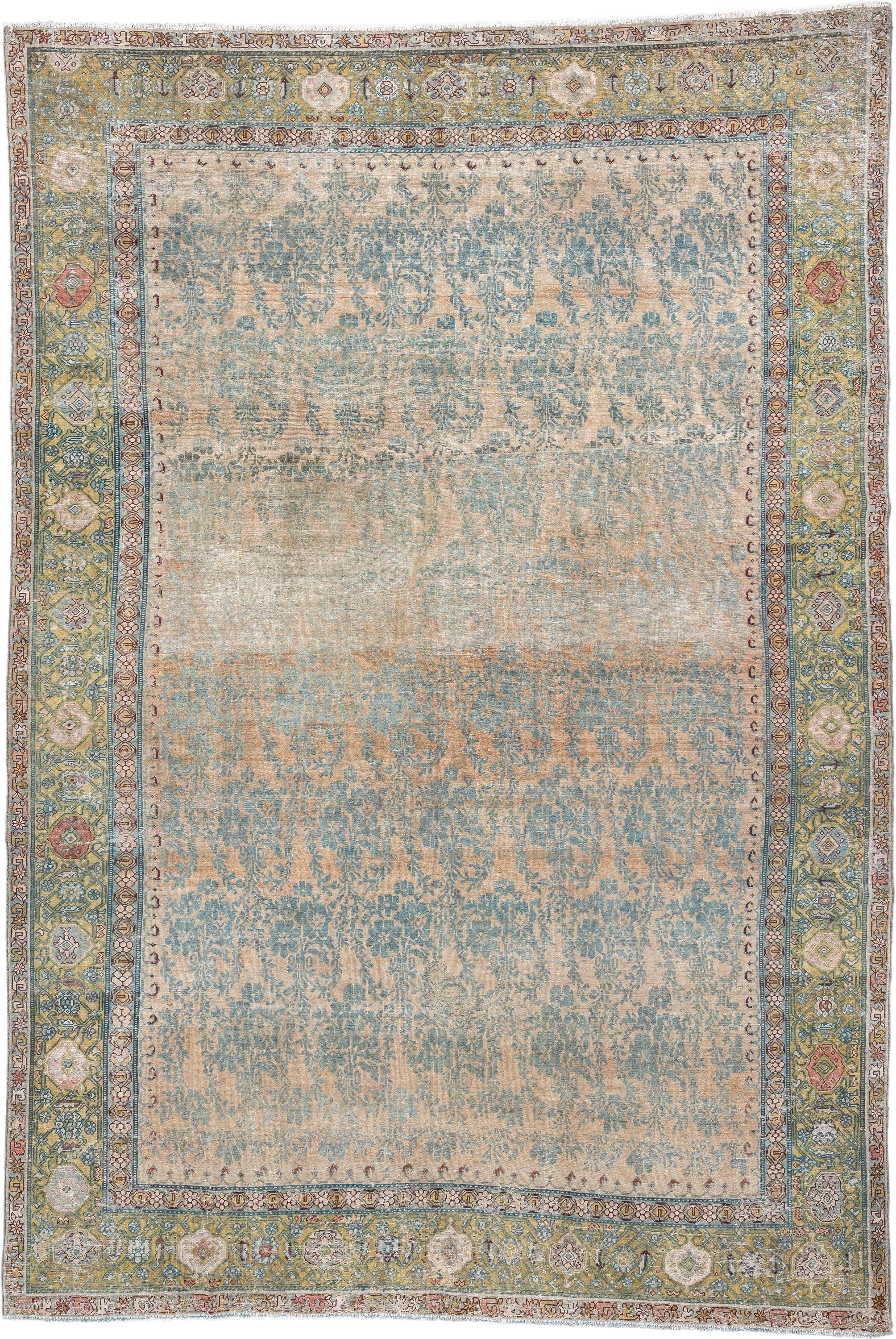 7' x 11' one-of-a-kind handmade antique Malayer large size rug. Color palette: ivory, aqua, sage, gold, rose, taupe, rust