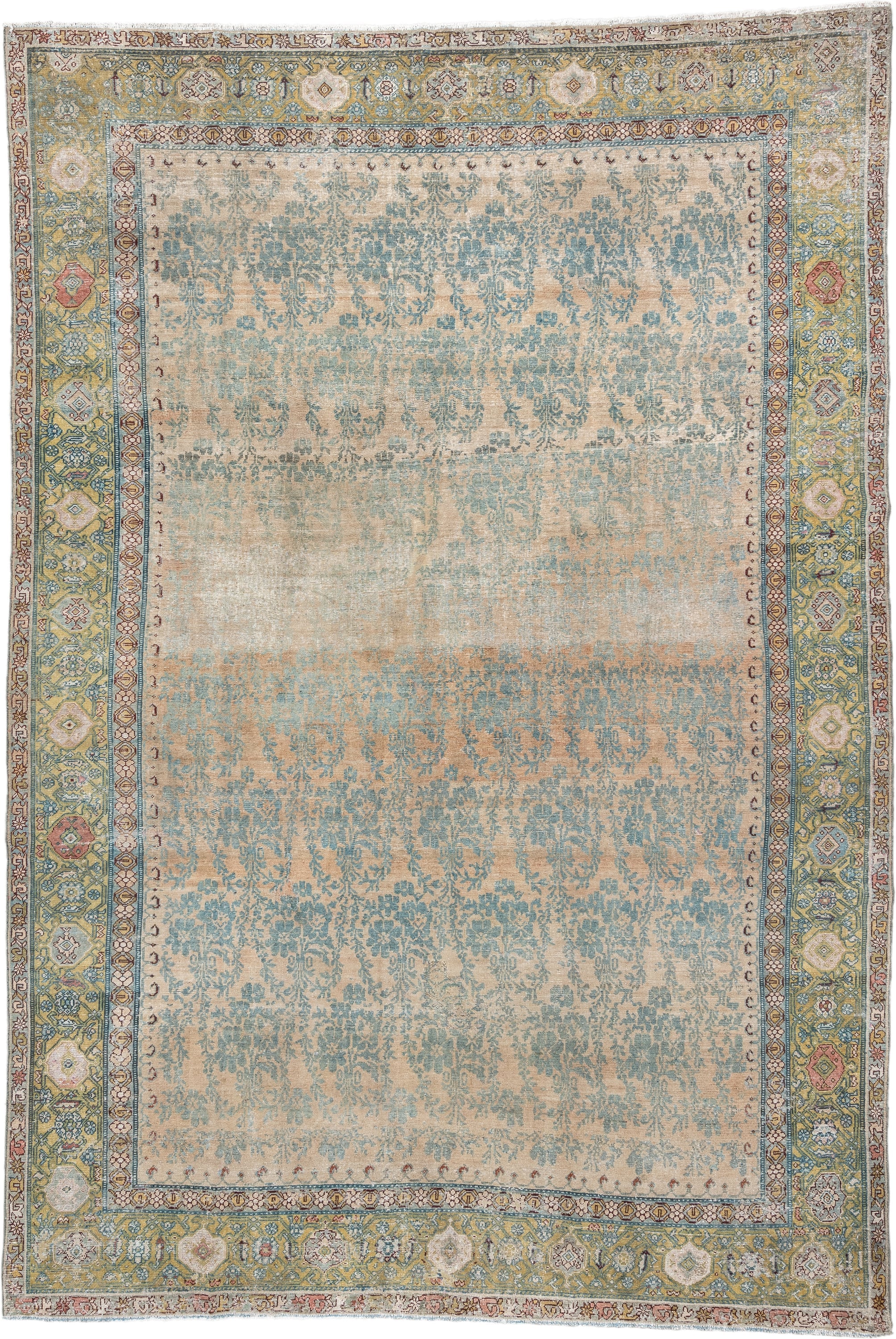 7' x 11' one-of-a-kind handmade antique Malayer large size rug. Color palette: ivory, aqua, sage, gold, rose, taupe, rust