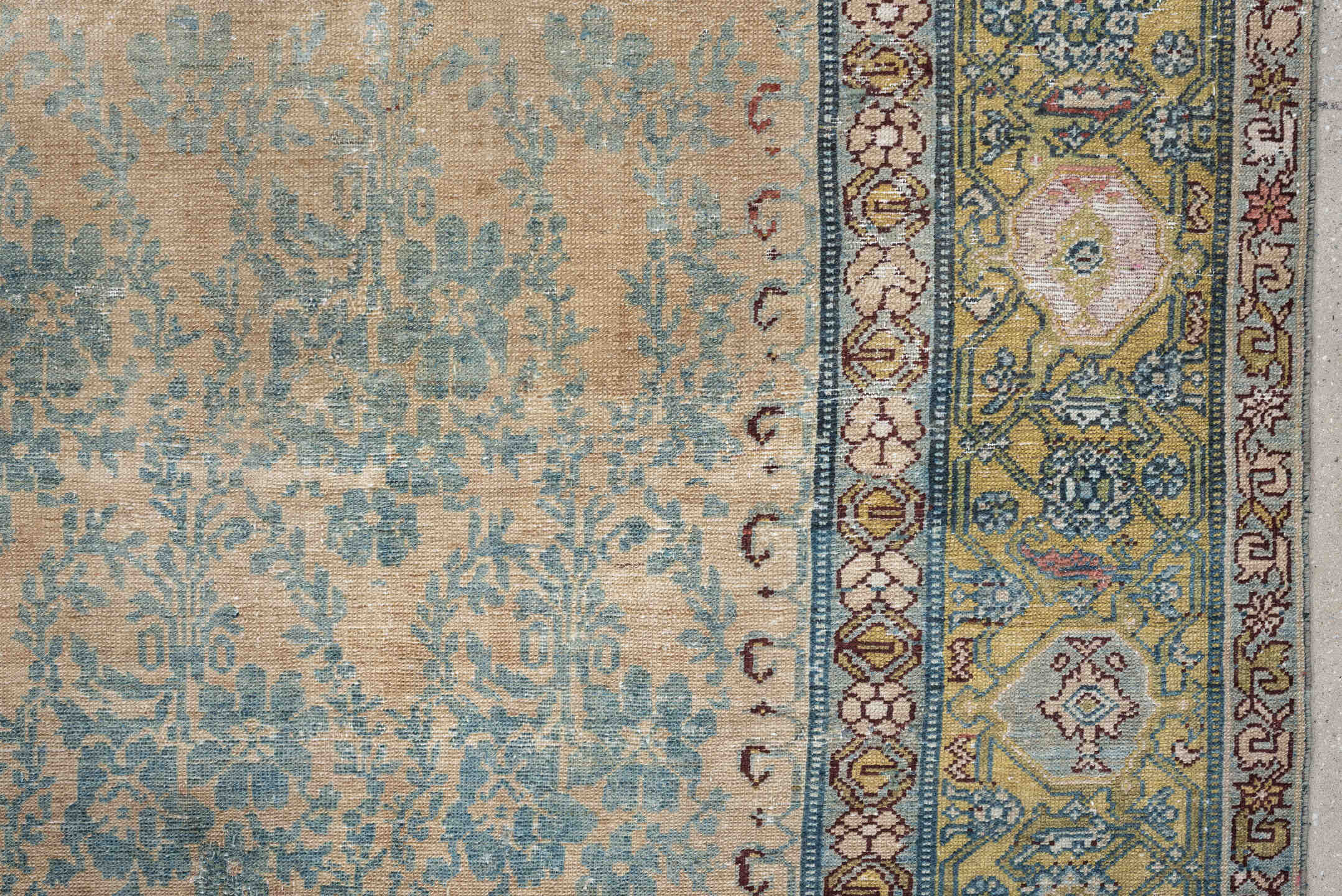 7' x 11' one-of-a-kind handmade antique Malayer large size rug. Color palette: ivory, aqua, sage, gold, rose, taupe, rust