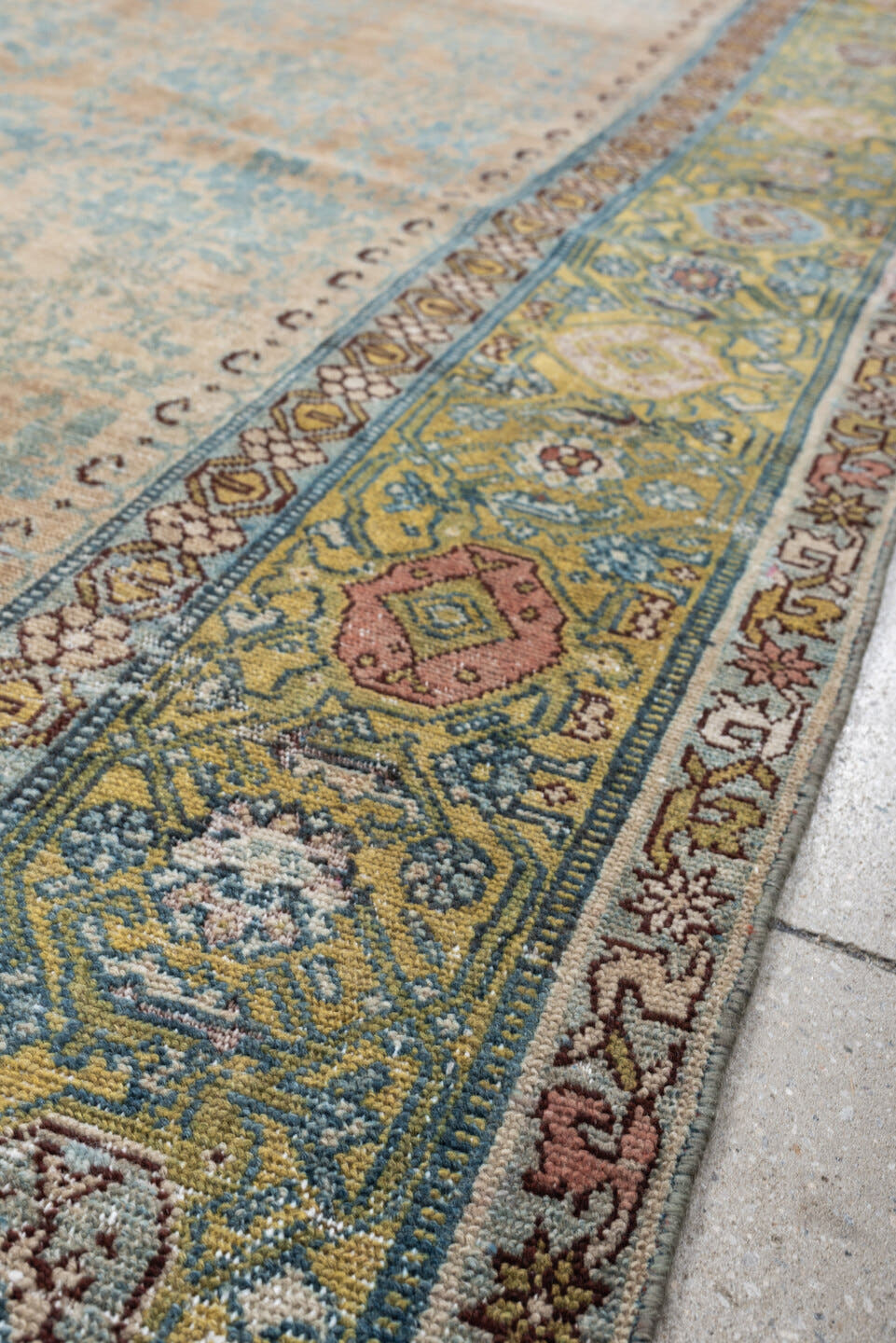 7' x 11' one-of-a-kind handmade antique Malayer large size rug. Color palette: ivory, aqua, sage, gold, rose, taupe, rust