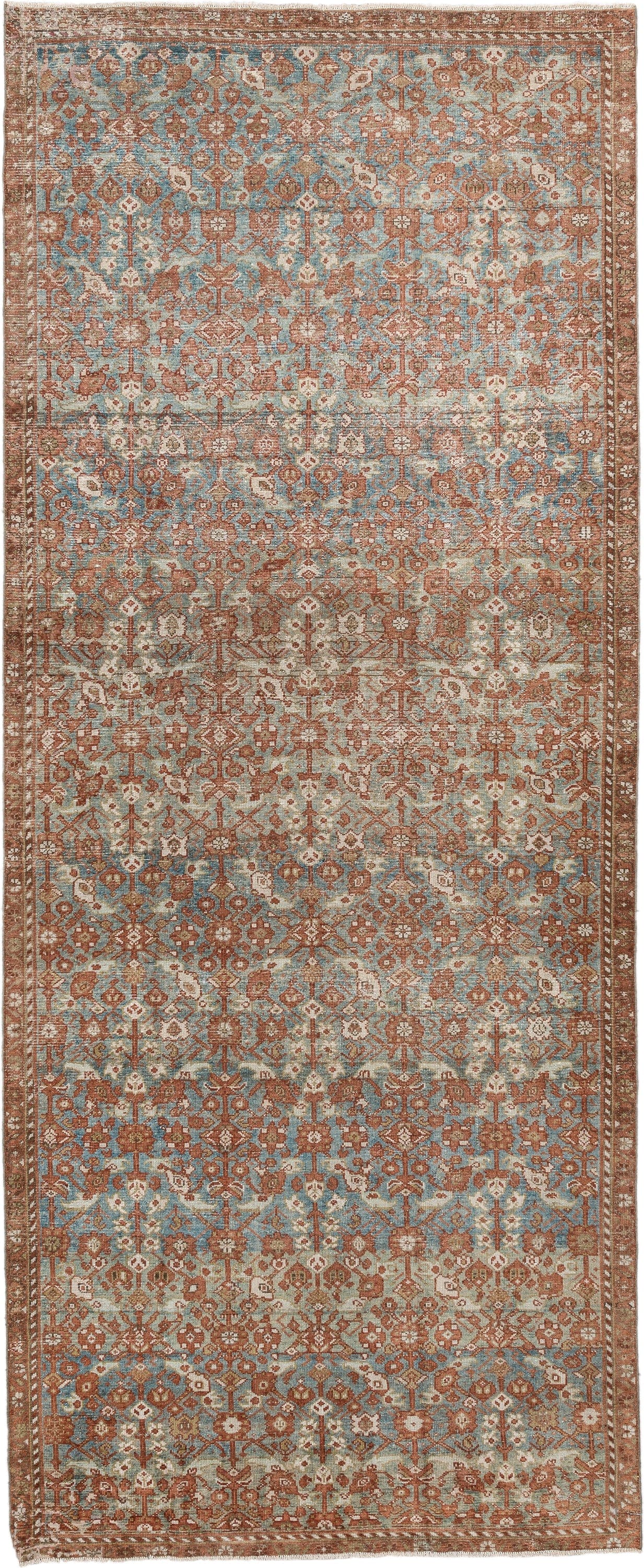 4' x 10' one-of-a-kind handmade antique Malayer runner rug. Color palette: rust, sky blue, ivory, camel, taupe, terracotta