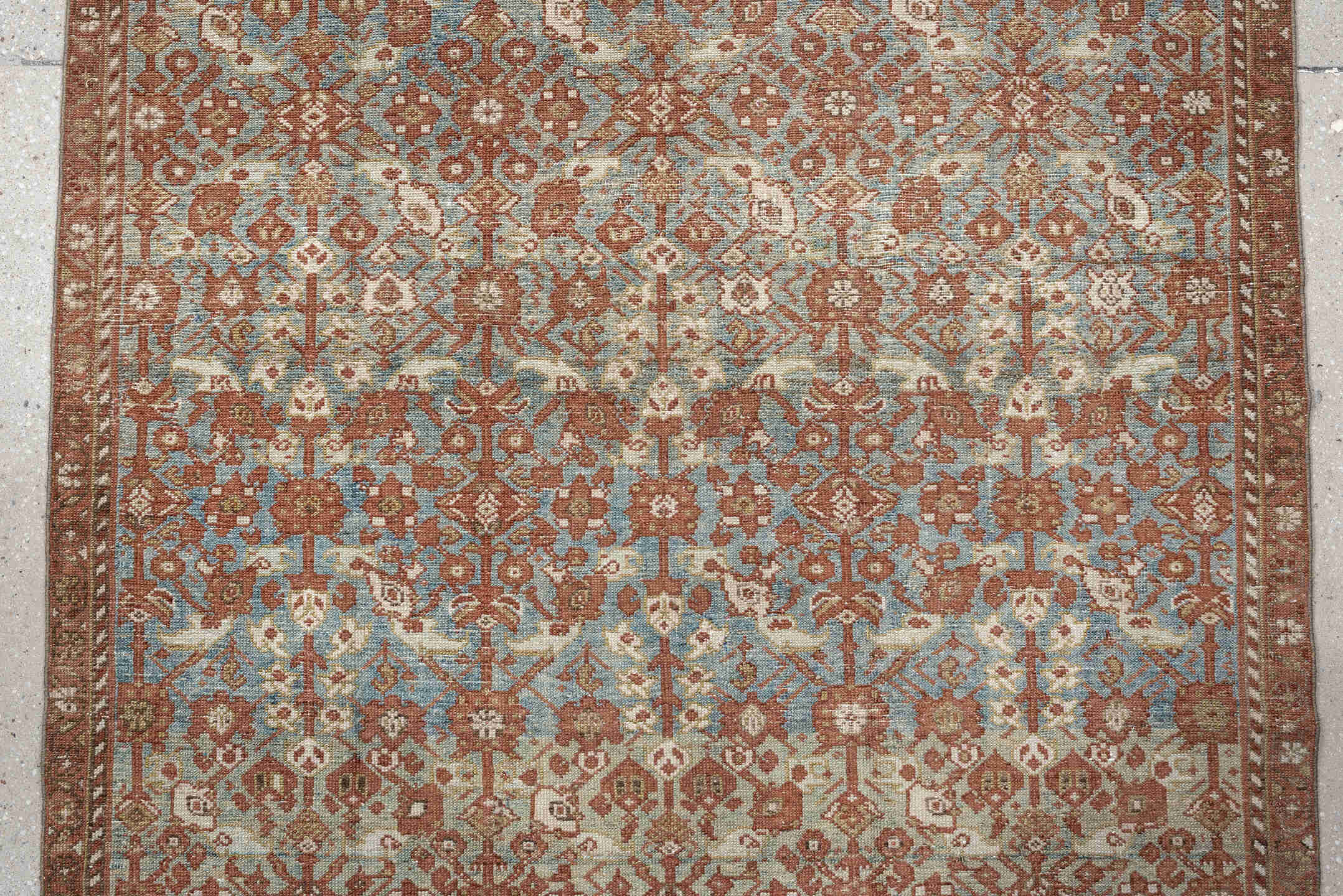 4' x 10' one-of-a-kind handmade antique Malayer runner rug. Color palette: rust, sky blue, ivory, camel, taupe, terracotta