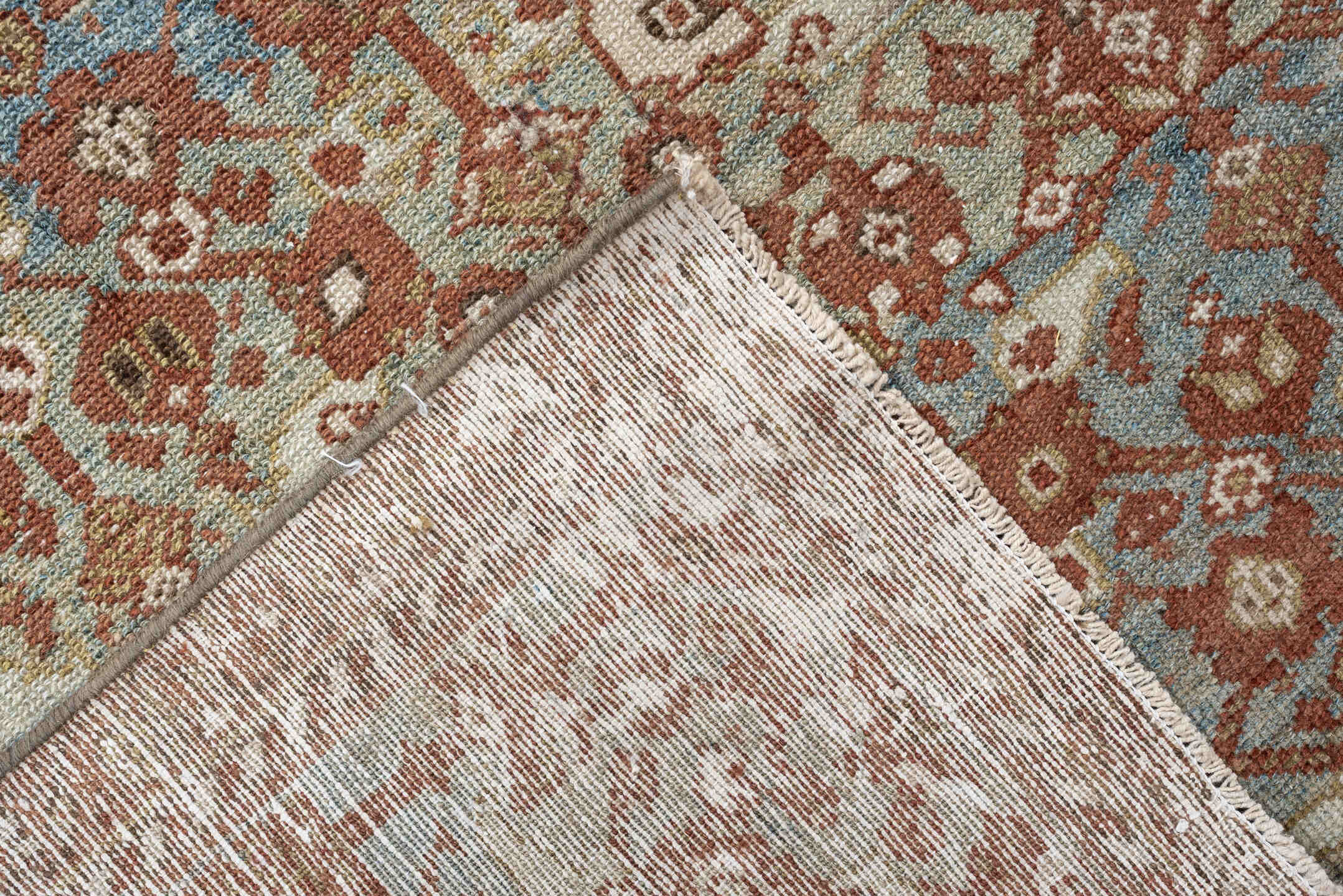 4' x 10' one-of-a-kind handmade antique Malayer runner rug. Color palette: rust, sky blue, ivory, camel, taupe, terracotta