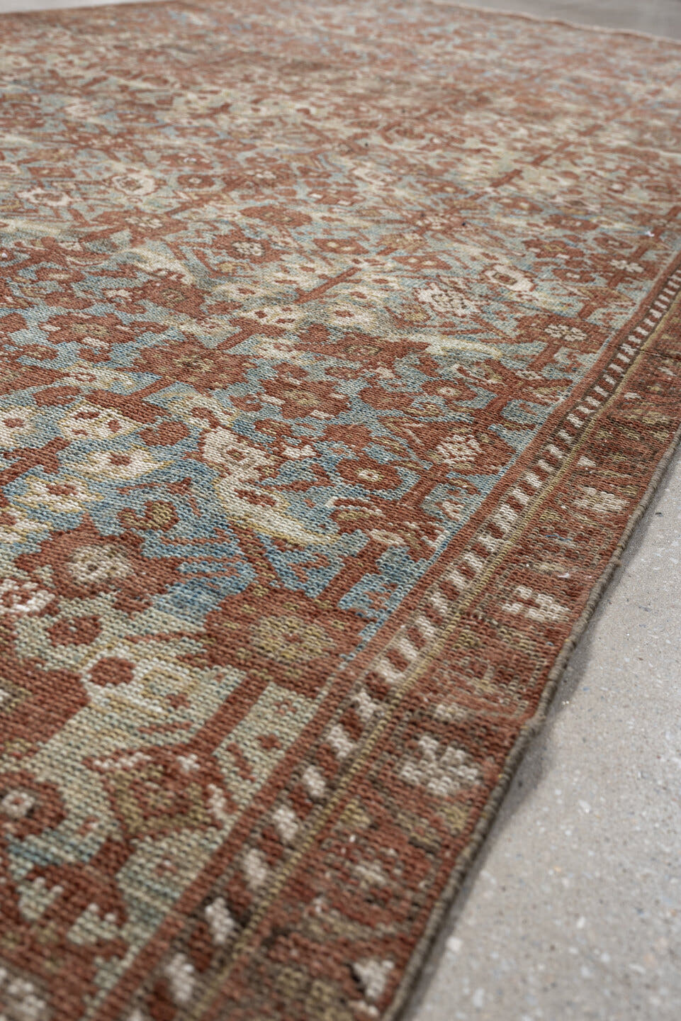 4' x 10' one-of-a-kind handmade antique Malayer runner rug. Color palette: rust, sky blue, ivory, camel, taupe, terracotta