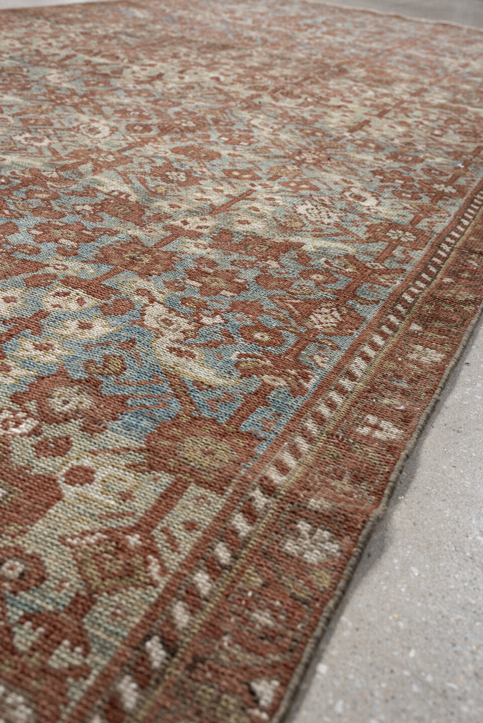 4' x 10' one-of-a-kind handmade antique Malayer runner rug. Color palette: rust, sky blue, ivory, camel, taupe, terracotta