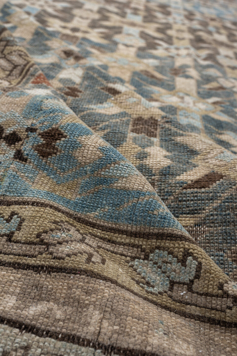 5' x 12' one-of-a-kind handmade antique Kurd rug. Color palette: sky blue, taupe, ivory, brown, beige, rust, light blue