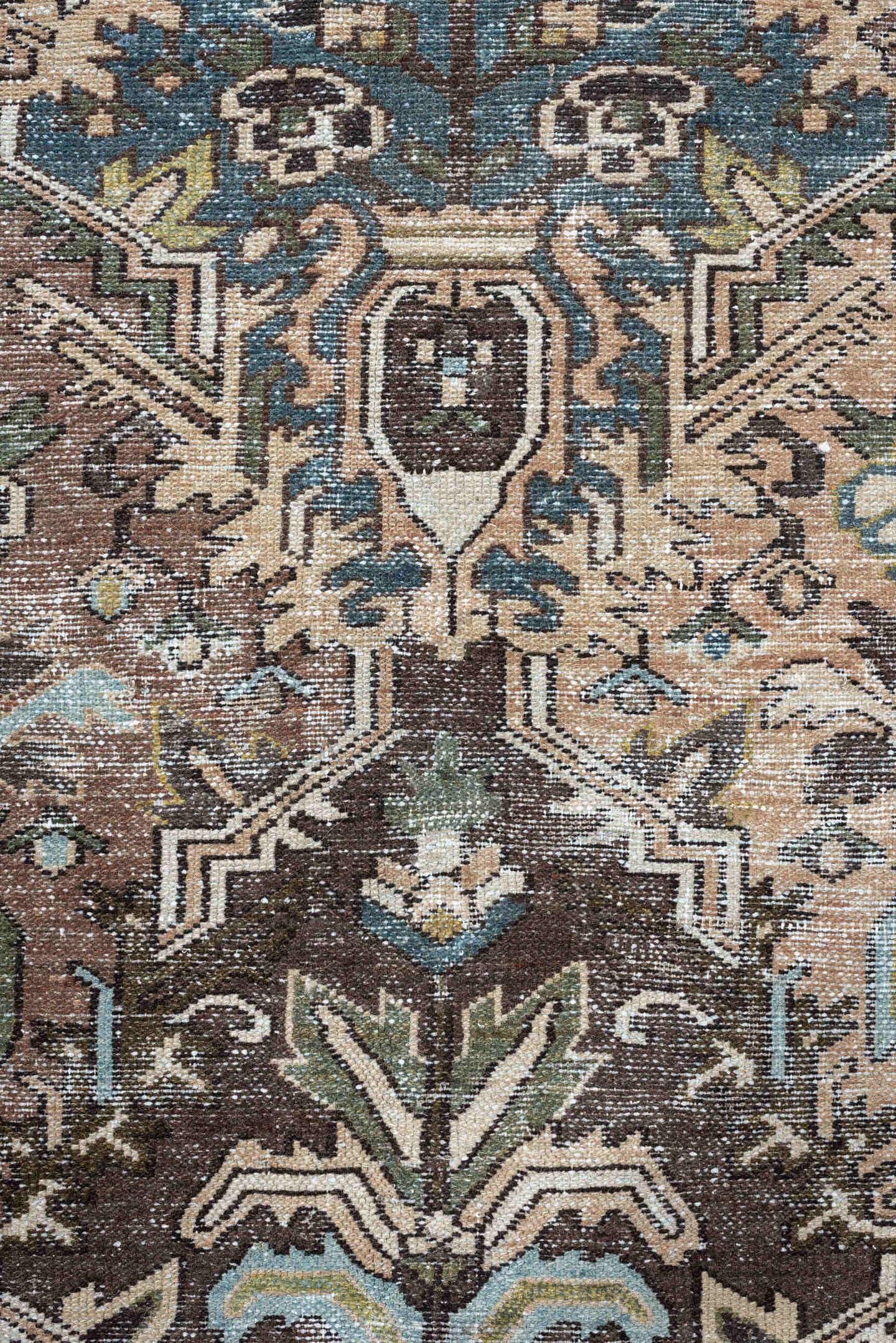 10' x 13' one-of-a-kind handmade antique Baktiary oversize rug. Color palette: brown, taupe, sky blue, ivory, sage, charcoal