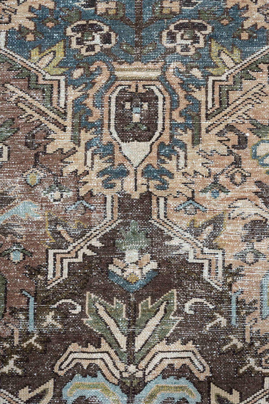 10' x 13' one-of-a-kind handmade antique Baktiary oversize rug. Color palette: brown, taupe, sky blue, ivory, sage, charcoal