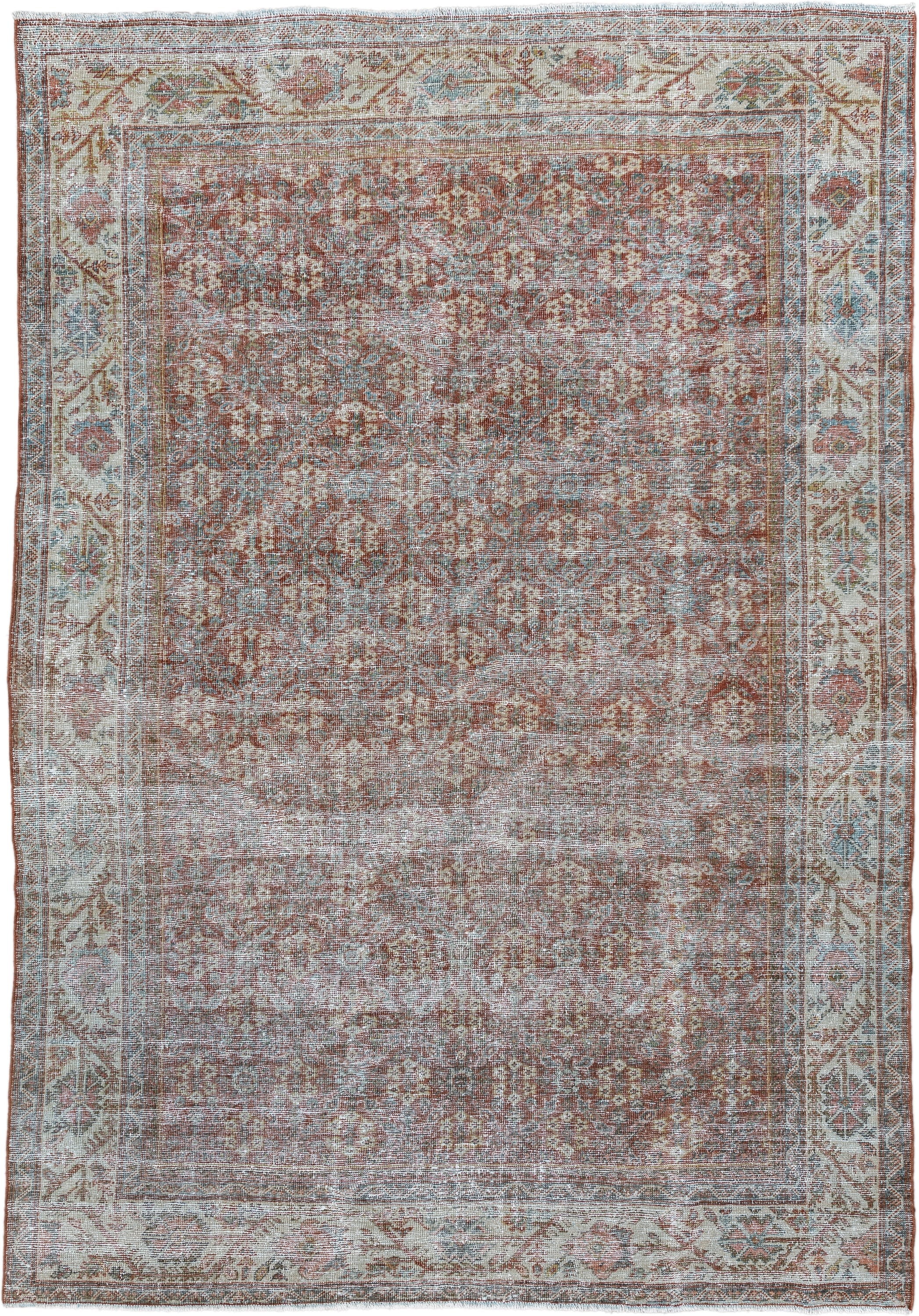 6' x 9' one-of-a-kind handmade antique Malayer medium size rug. Color palette: rust, ivory, sky blue, taupe, rose, camel