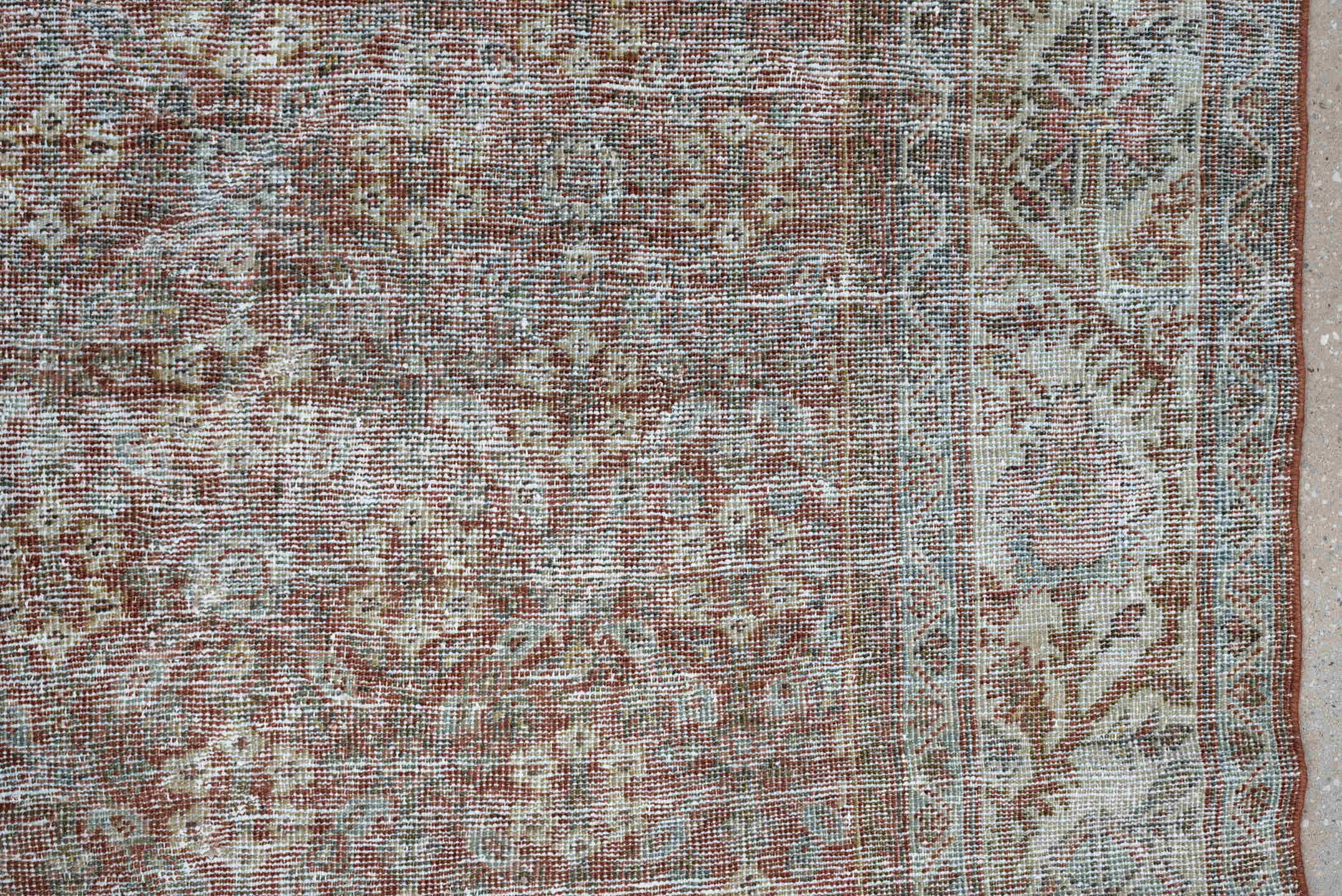 6' x 9' one-of-a-kind handmade antique Malayer medium size rug. Color palette: rust, ivory, sky blue, taupe, rose, camel