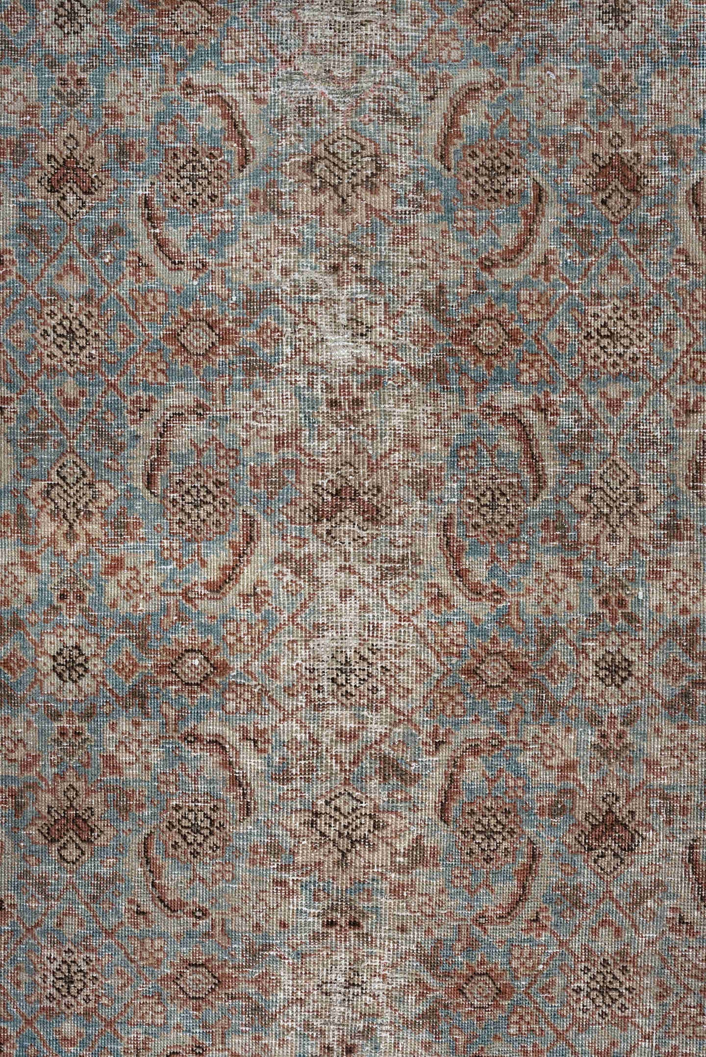 9' x 11' one-of-a-kind handmade antique Tabriz large size rug. Color palette: terracotta, pale blue, ivory, taupe, brown