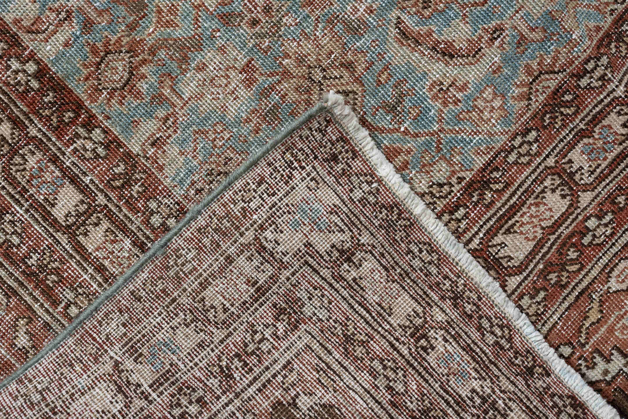 9' x 11' one-of-a-kind handmade antique Tabriz large size rug. Color palette: terracotta, pale blue, ivory, taupe, brown
