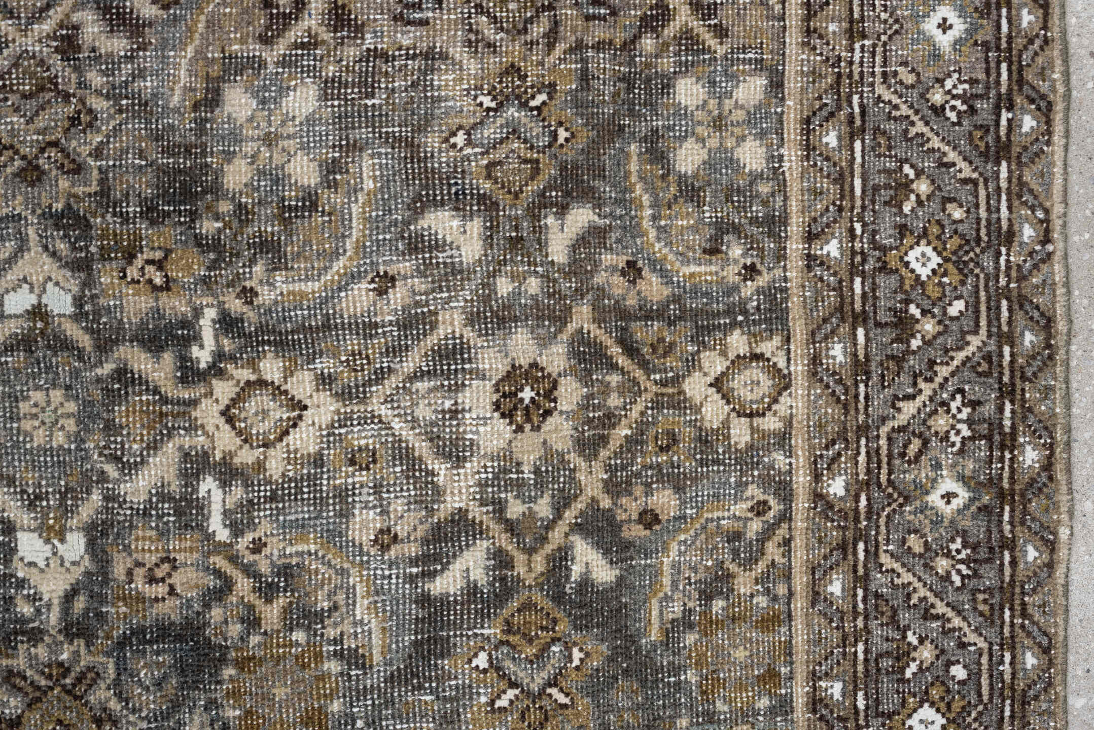 5' x 9' one-of-a-kind handmade antique Shiraz medium size rug. Color palette: taupe, brown, blue, ivory, charcoal, camel