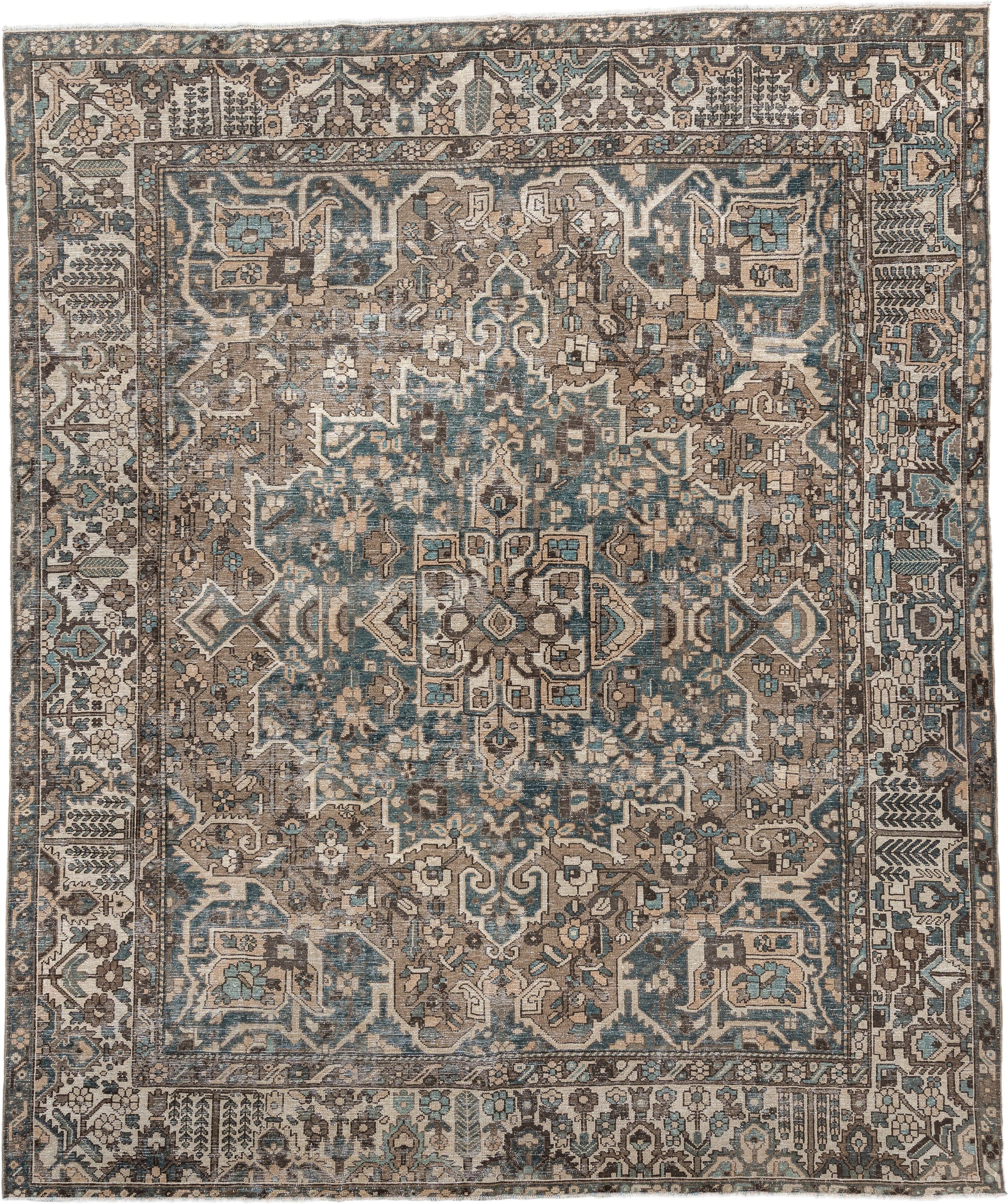 10' x 11' one-of-a-kind handmade antique Baktiary large size rug. Color palette: taupe, ivory, teal, charcoal, slate, camel