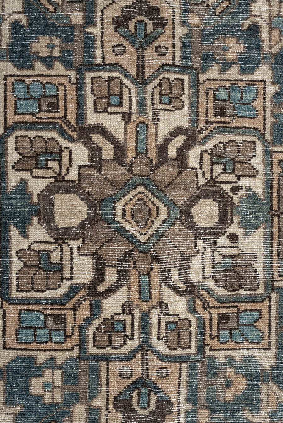 10' x 11' one-of-a-kind handmade antique Baktiary large size rug. Color palette: taupe, ivory, teal, charcoal, slate, camel