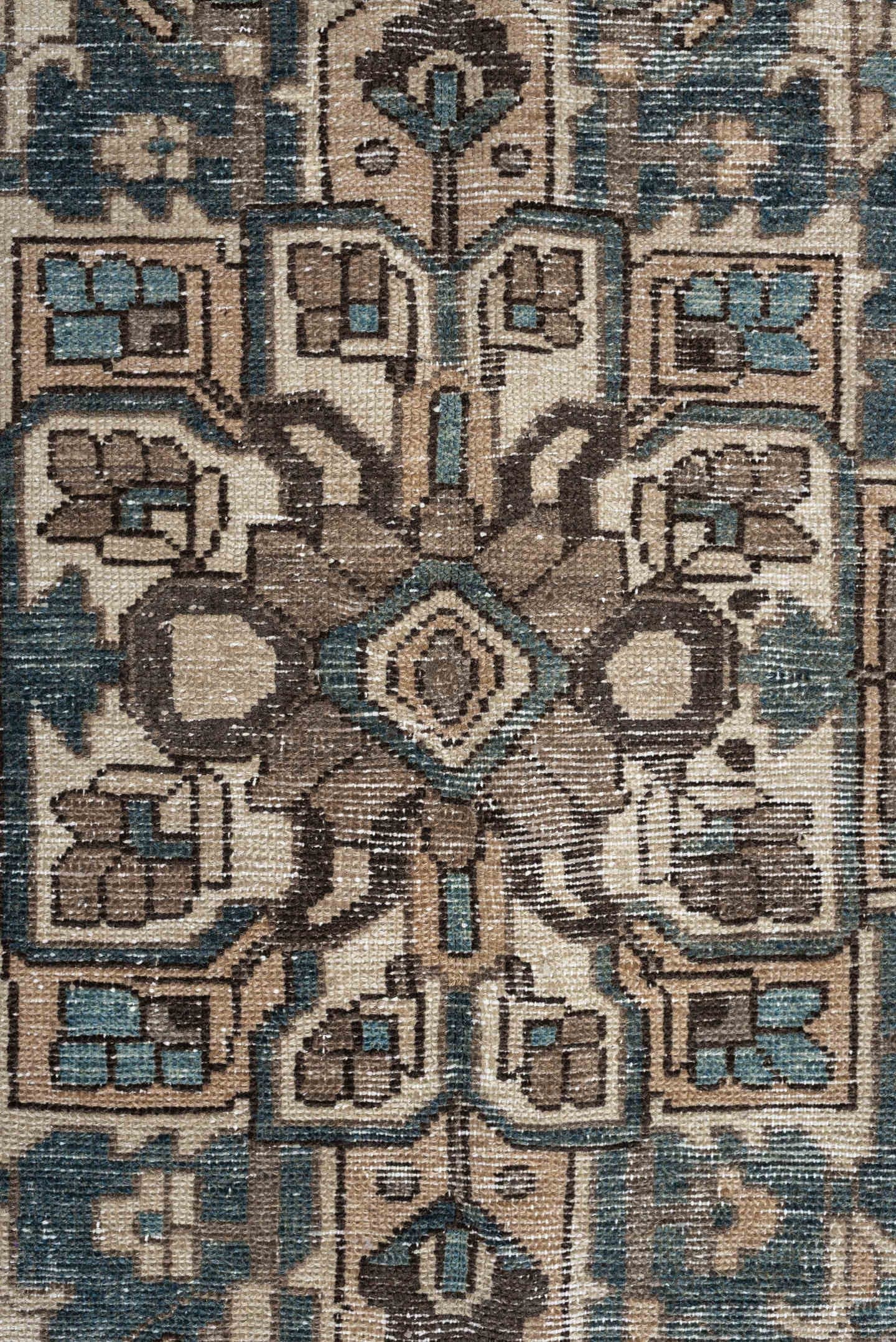 10' x 11' one-of-a-kind handmade antique Baktiary large size rug. Color palette: taupe, ivory, teal, charcoal, slate, camel
