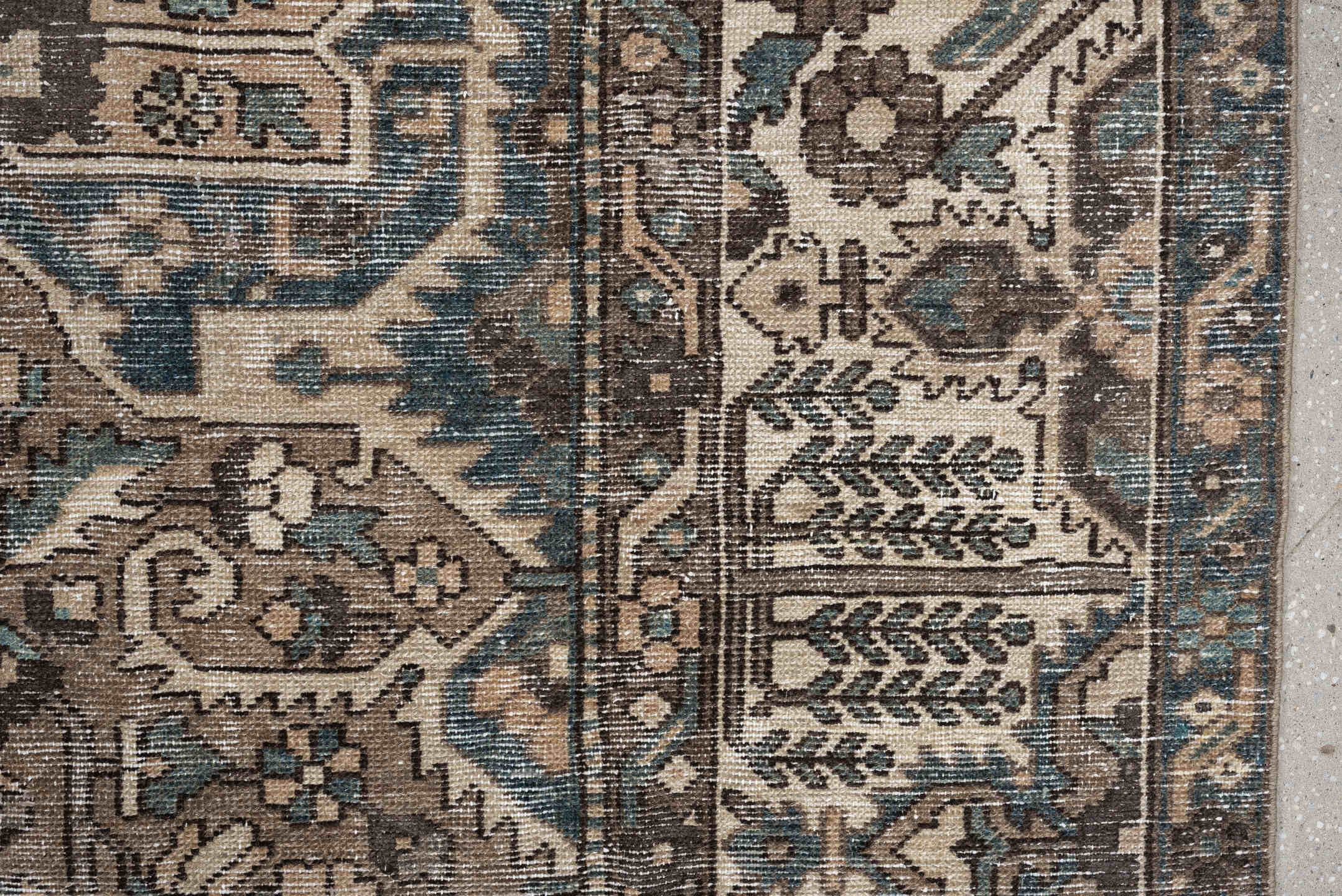 10' x 11' one-of-a-kind handmade antique Baktiary large size rug. Color palette: taupe, ivory, teal, charcoal, slate, camel
