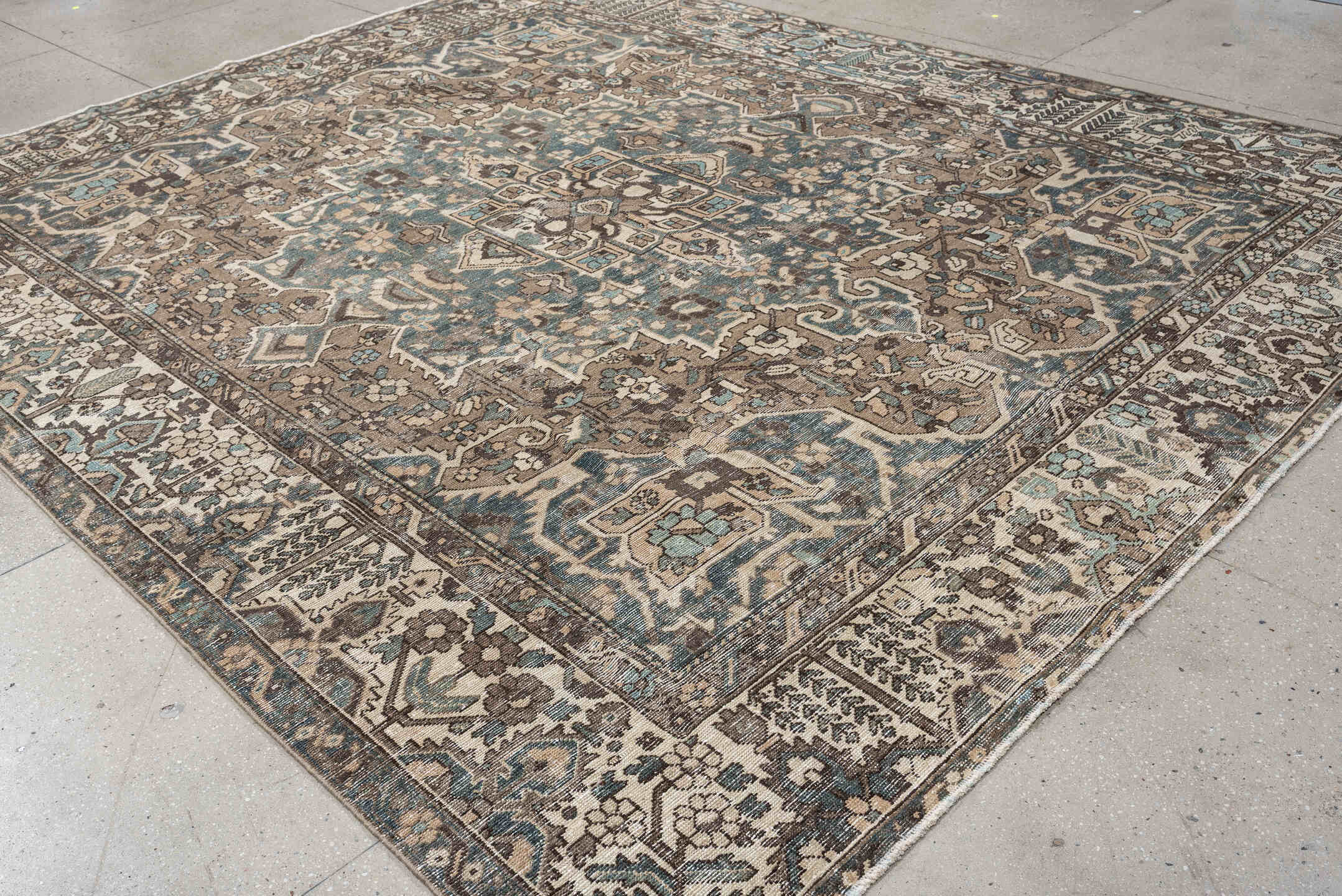 10' x 11' one-of-a-kind handmade antique Baktiary large size rug. Color palette: taupe, ivory, teal, charcoal, slate, camel