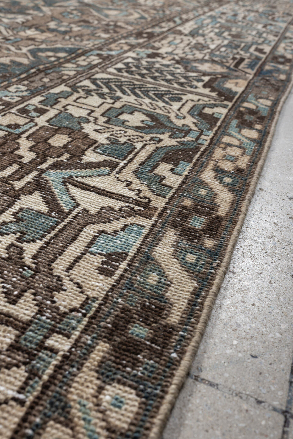 10' x 11' one-of-a-kind handmade antique Baktiary large size rug. Color palette: taupe, ivory, teal, charcoal, slate, camel