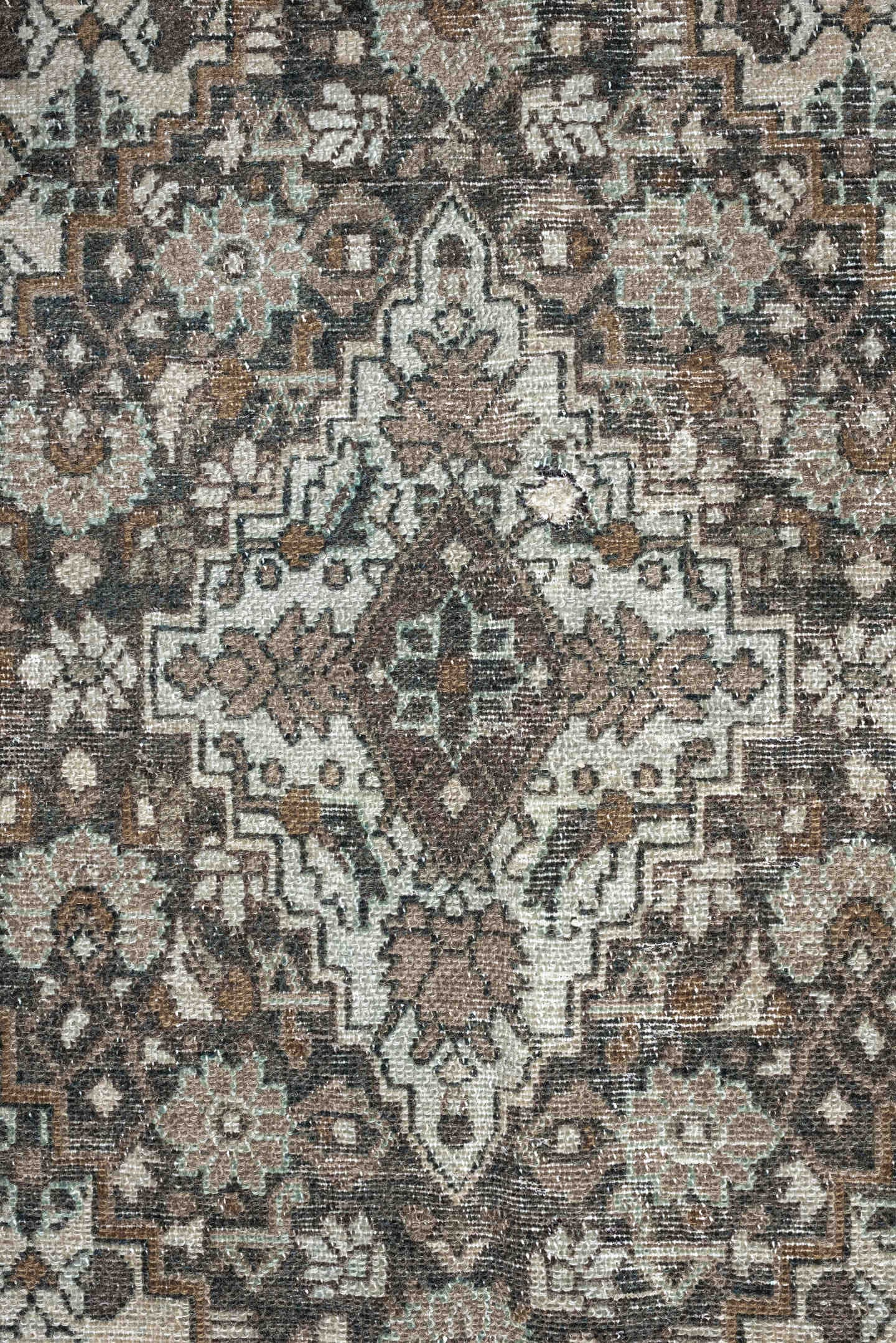 9' x 12' one-of-a-kind handmade antique Bibikabad large size rug. Color palette: taupe, ivory, brown, sage, charcoal, camel