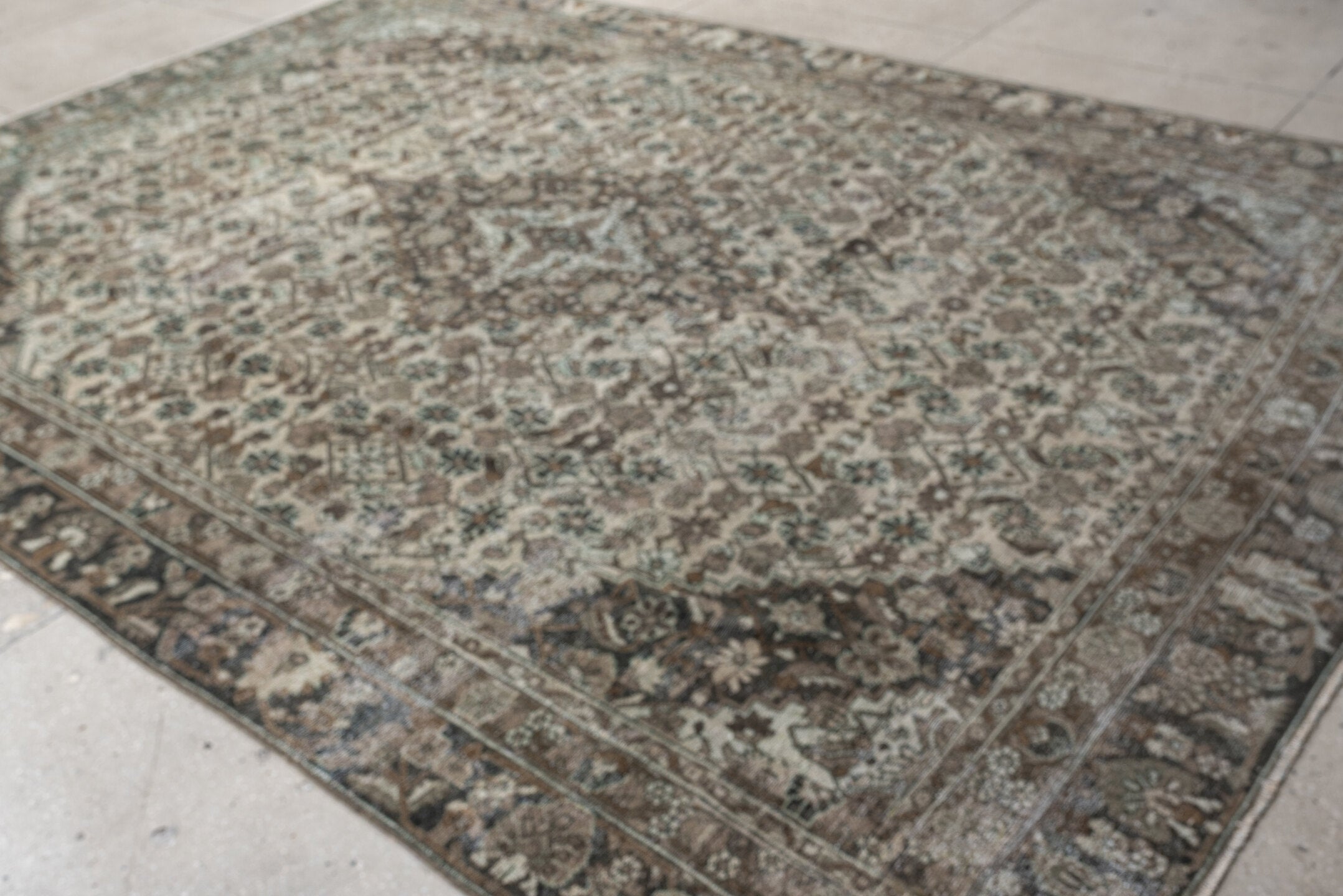 9' x 12' one-of-a-kind handmade antique Bibikabad large size rug. Color palette: taupe, ivory, brown, sage, charcoal, camel