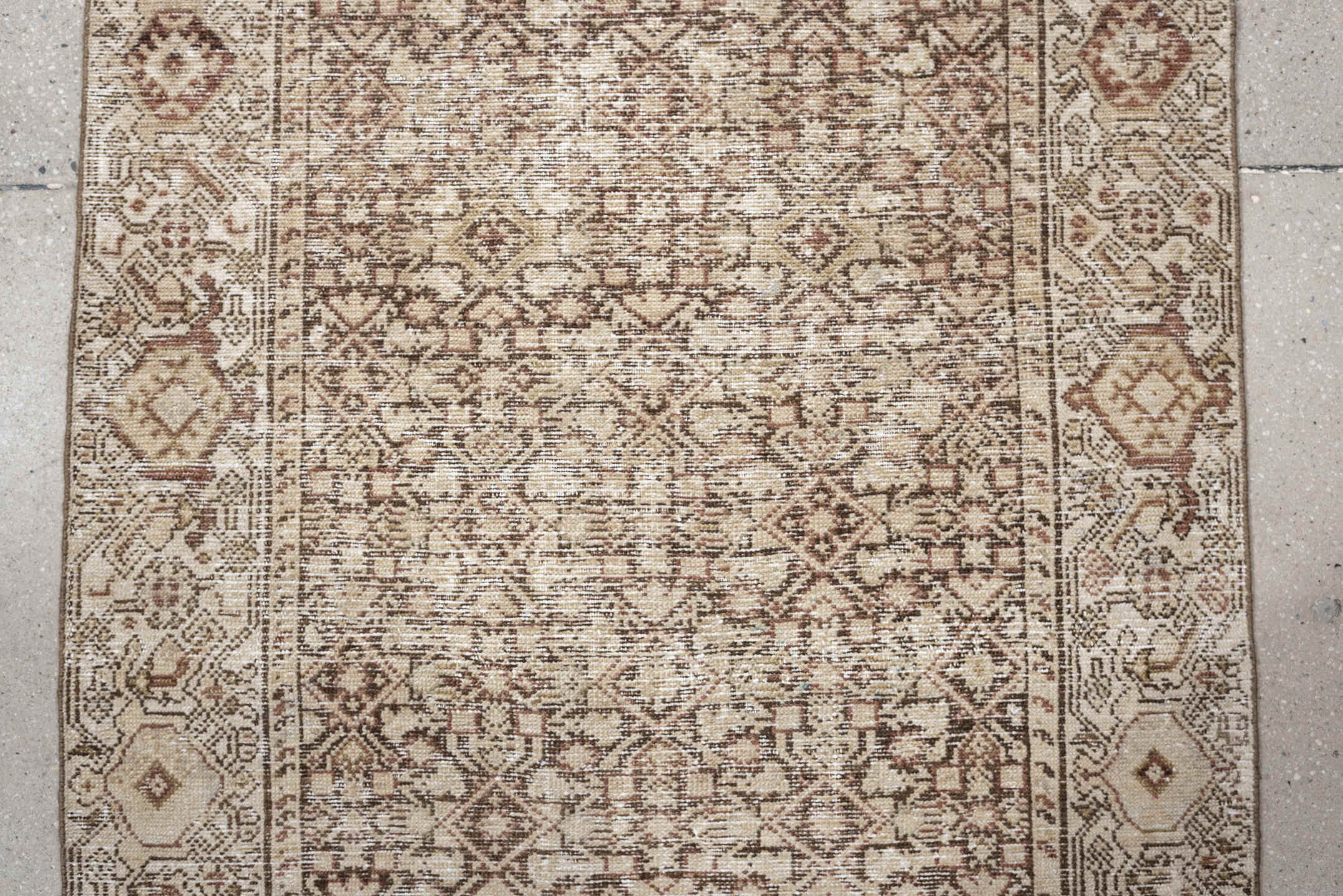 3' x 10' one-of-a-kind handmade antique Malayer runner rug. Color palette: ivory, taupe, camel, brown, soft rust, beige