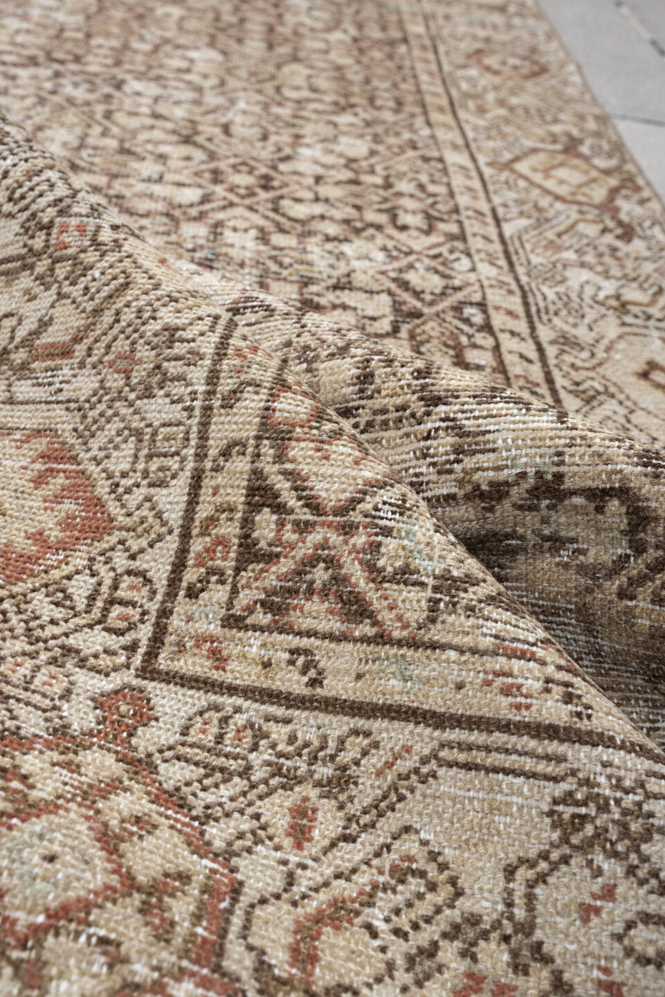 3' x 10' one-of-a-kind handmade antique Malayer runner rug. Color palette: ivory, taupe, camel, brown, soft rust, beige