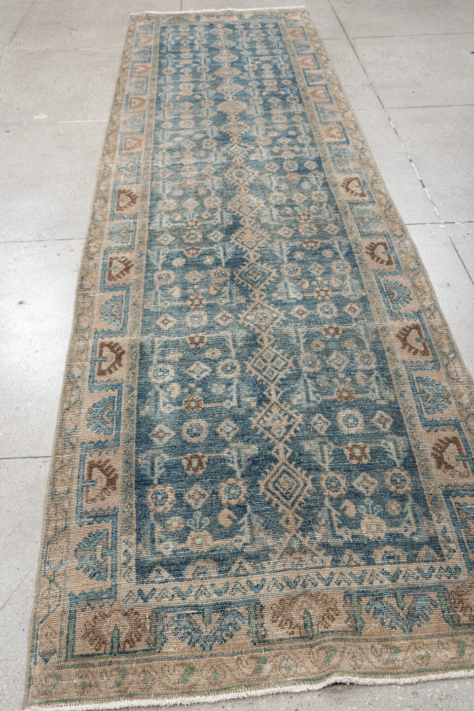 3' x 13' one-of-a-kind handmade antique Hamadan runner rug. Color palette: blue, ivory, beige, taupe, camel, brown, gray