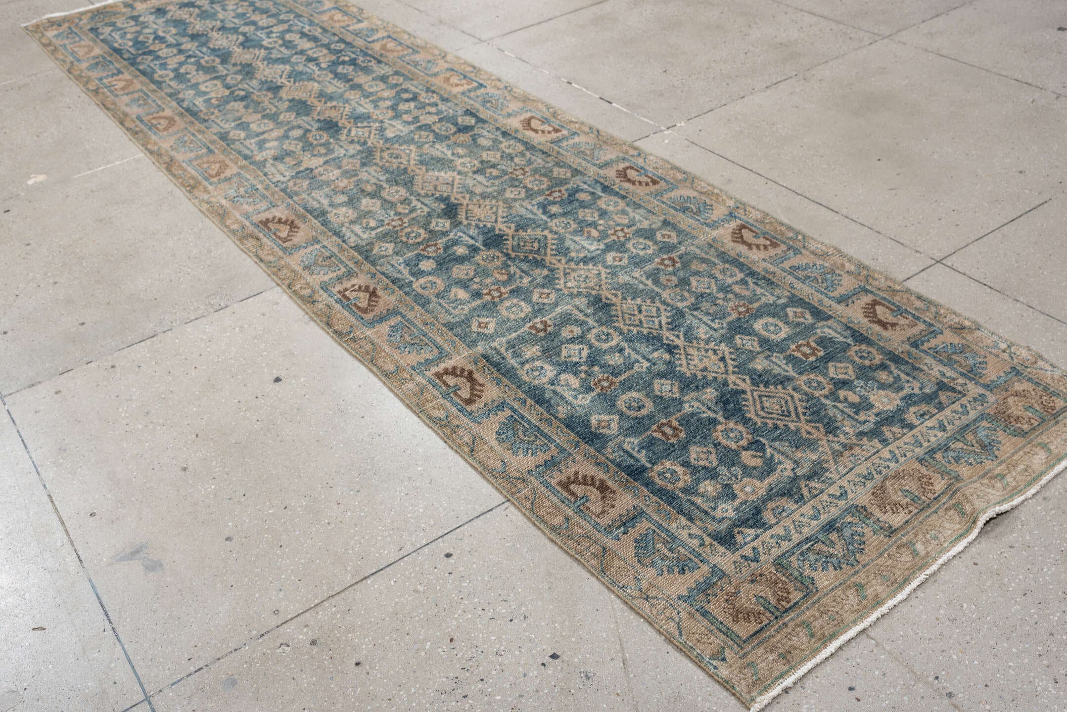 3' x 13' one-of-a-kind handmade antique Hamadan runner rug. Color palette: blue, ivory, beige, taupe, camel, brown, gray