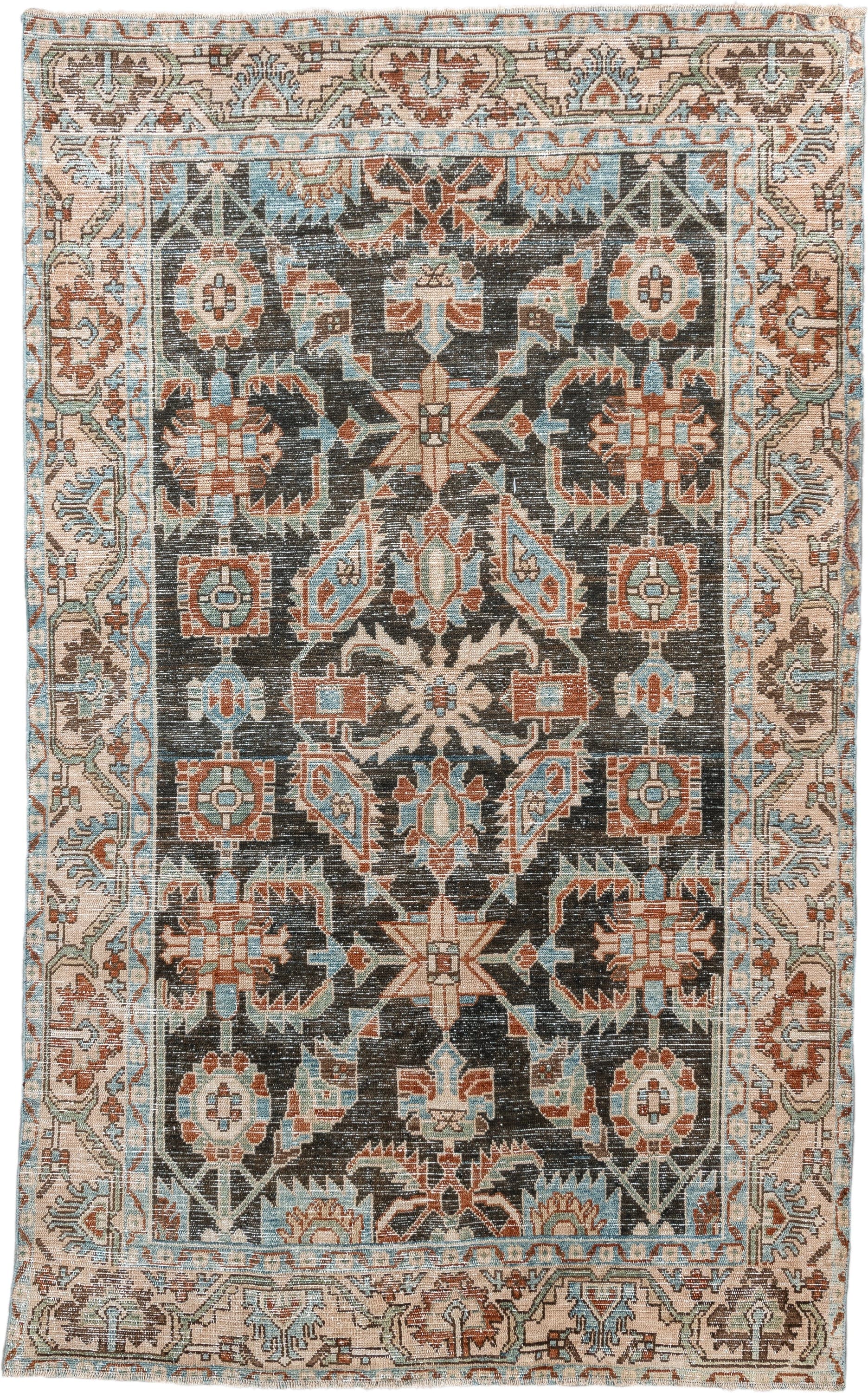 4' x 7' one-of-a-kind handmade antique Hamadan rug. Color palette: charcoal, ivory, light blue, rust, taupe, camel, gray