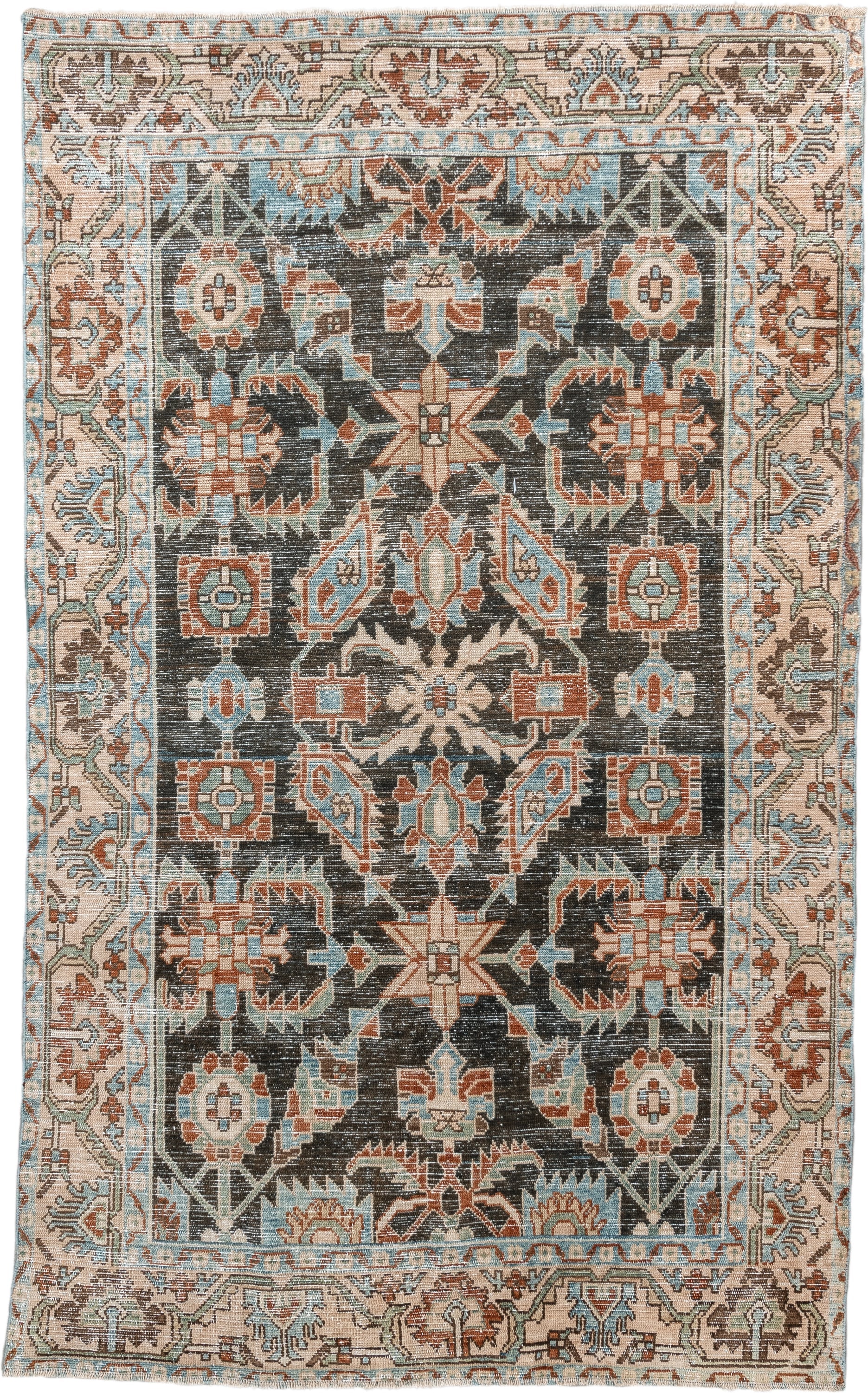 4' x 7' one-of-a-kind handmade antique Hamadan rug. Color palette: charcoal, ivory, light blue, rust, taupe, camel, gray