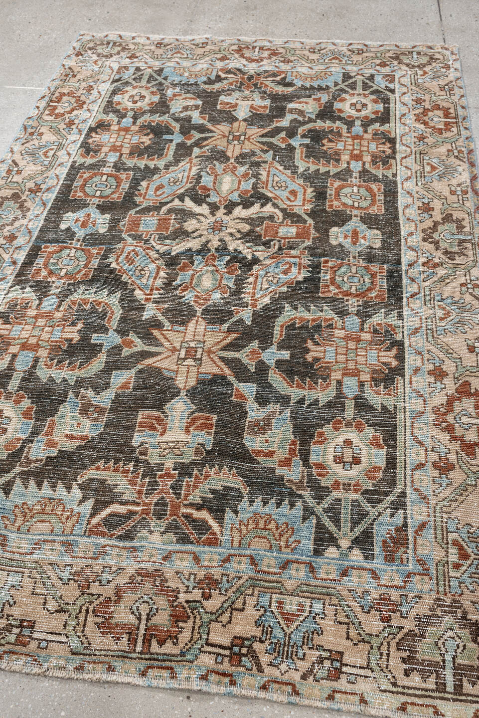 4' x 7' one-of-a-kind handmade antique Hamadan rug. Color palette: charcoal, ivory, light blue, rust, taupe, camel, gray