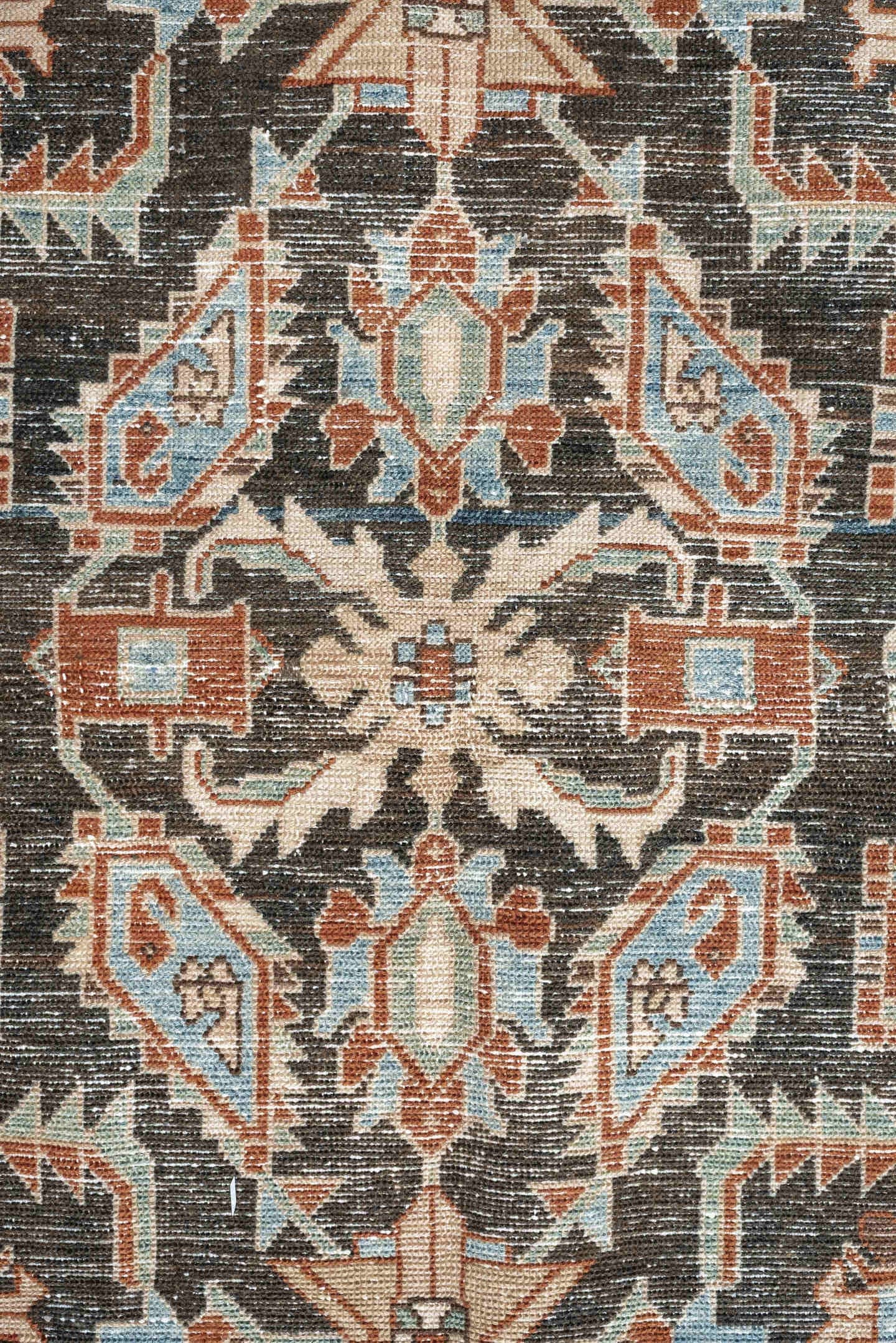 4' x 7' one-of-a-kind handmade antique Hamadan rug. Color palette: charcoal, ivory, light blue, rust, taupe, camel, gray