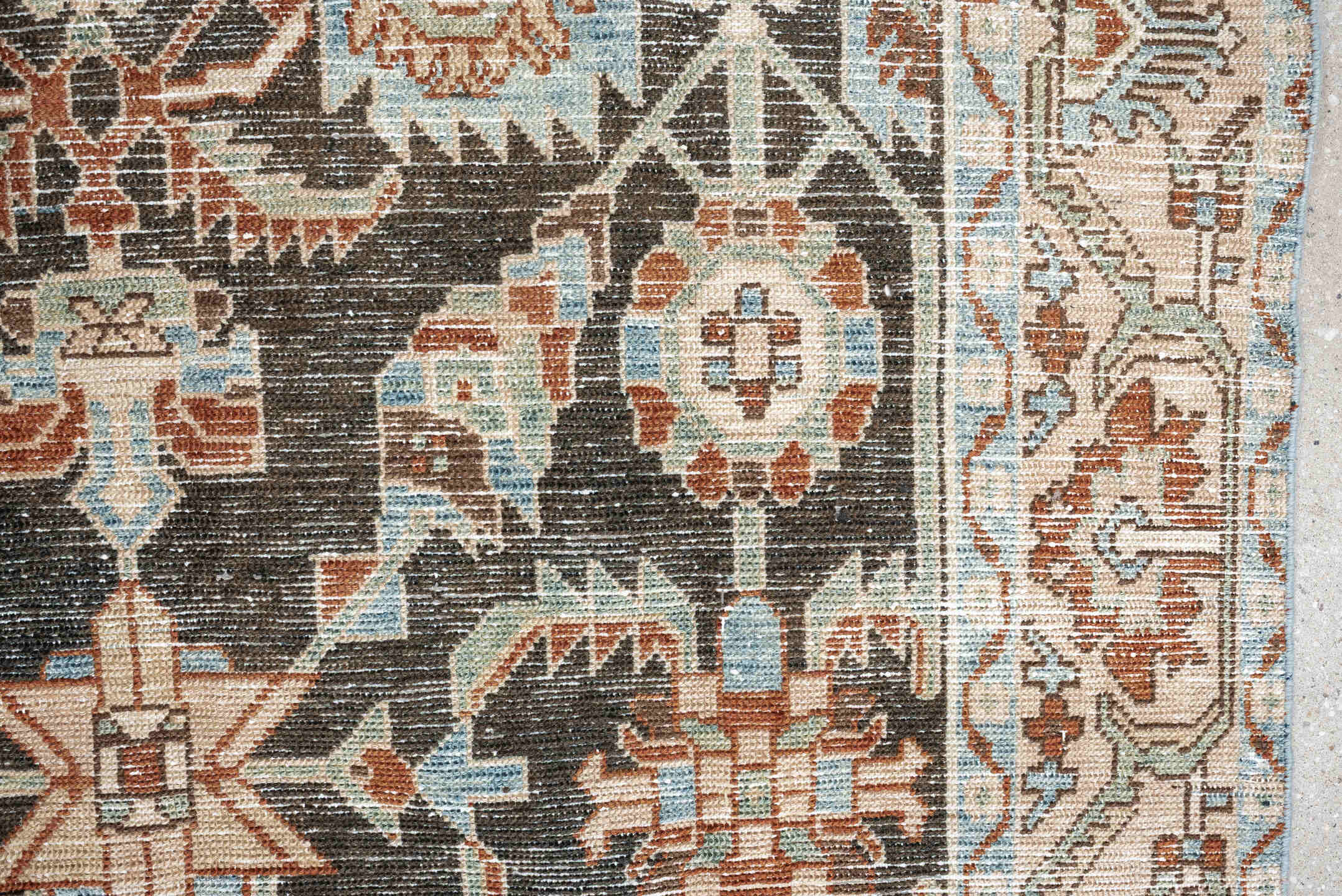 4' x 7' one-of-a-kind handmade antique Hamadan rug. Color palette: charcoal, ivory, light blue, rust, taupe, camel, gray
