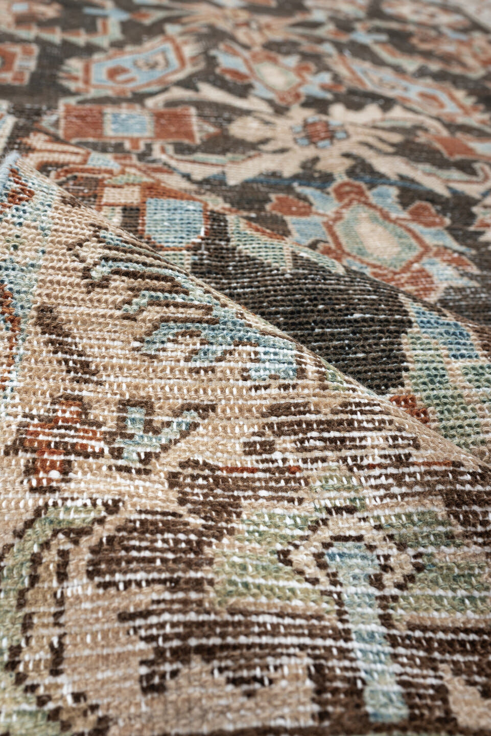 4' x 7' one-of-a-kind handmade antique Hamadan rug. Color palette: charcoal, ivory, light blue, rust, taupe, camel, gray