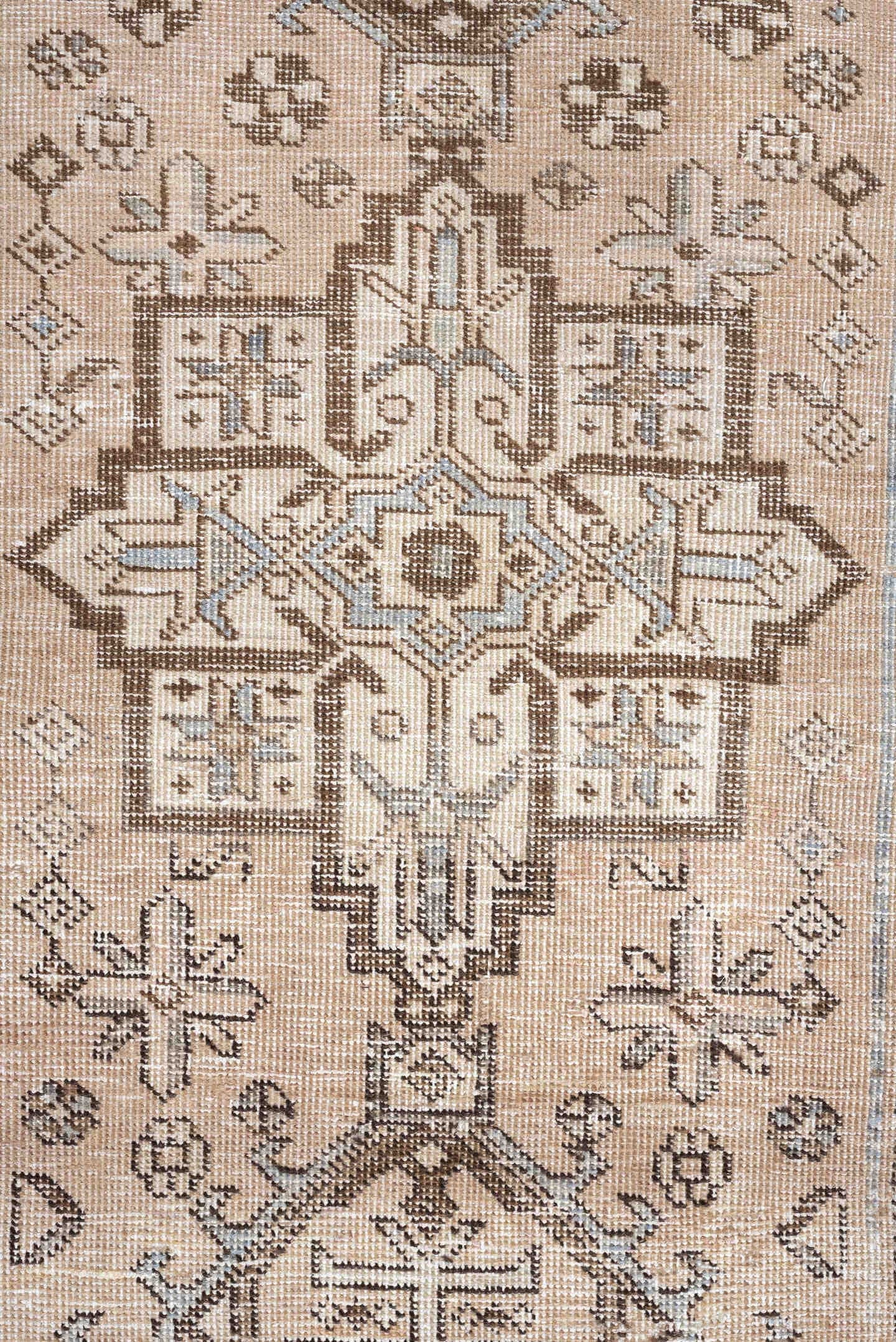 2' x 5' one-of-a-kind handmade antique Karaje small size rug. Color palette: ivory, taupe, brown, camel, slate, beige, gray