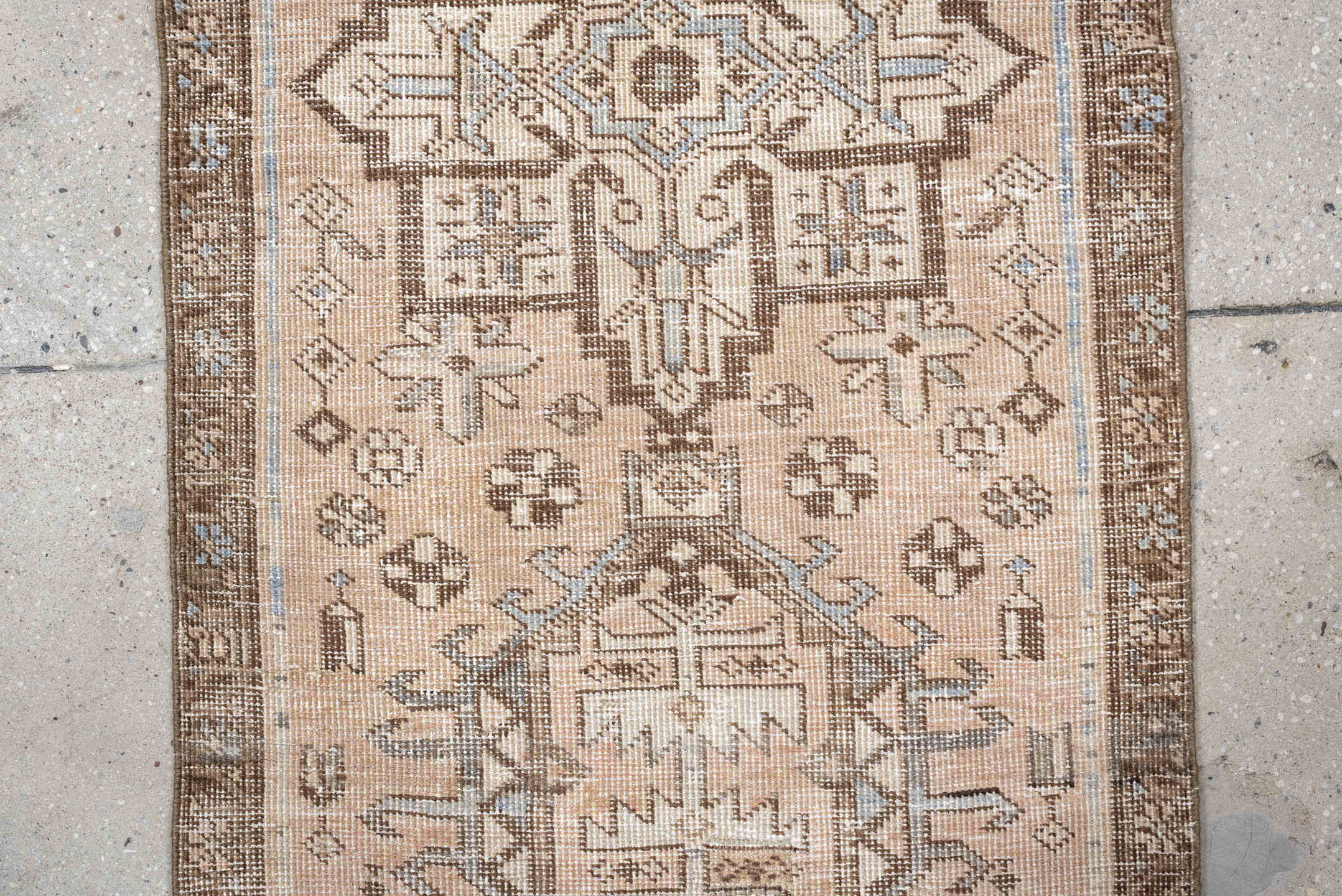 2' x 5' one-of-a-kind handmade antique Karaje small size rug. Color palette: ivory, taupe, brown, camel, slate, beige, gray