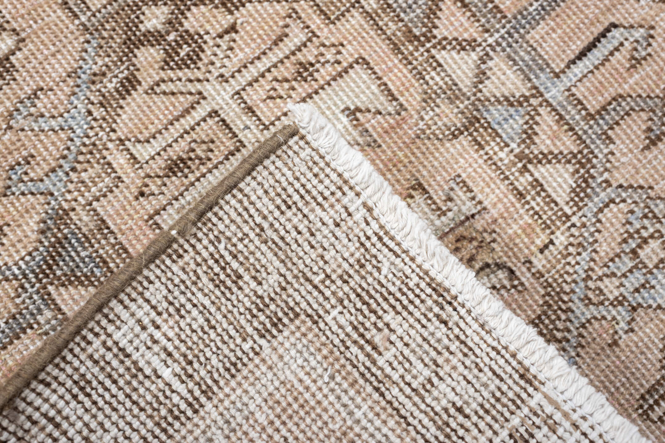 2' x 5' one-of-a-kind handmade antique Karaje small size rug. Color palette: ivory, taupe, brown, camel, slate, beige, gray