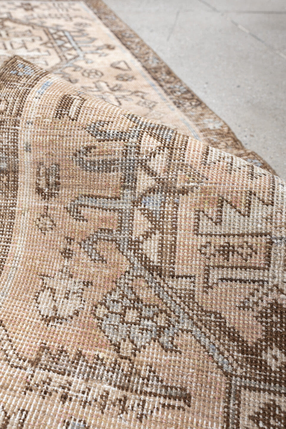 2' x 5' one-of-a-kind handmade antique Karaje small size rug. Color palette: ivory, taupe, brown, camel, slate, beige, gray