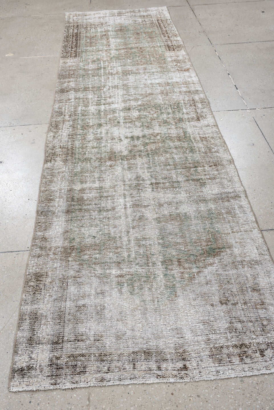 3' x 11' one-of-a-kind handmade antique Malayer runner rug. Color palette: taupe, ivory, sage, camel, brown, beige, gray