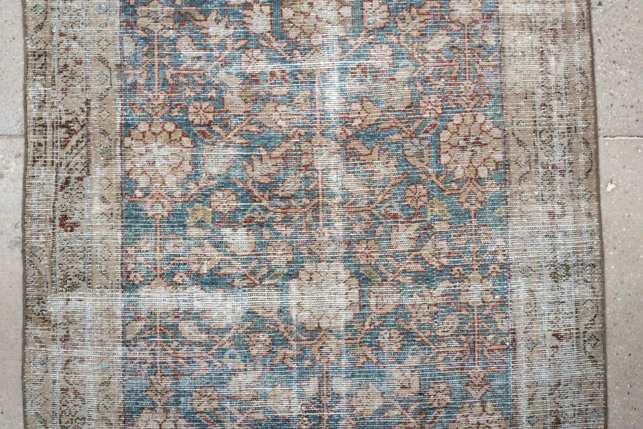 3' x 9' one-of-a-kind handmade antique Malayer runner rug. Color palette: ivory, sky blue, taupe, rose, beige, soft brown